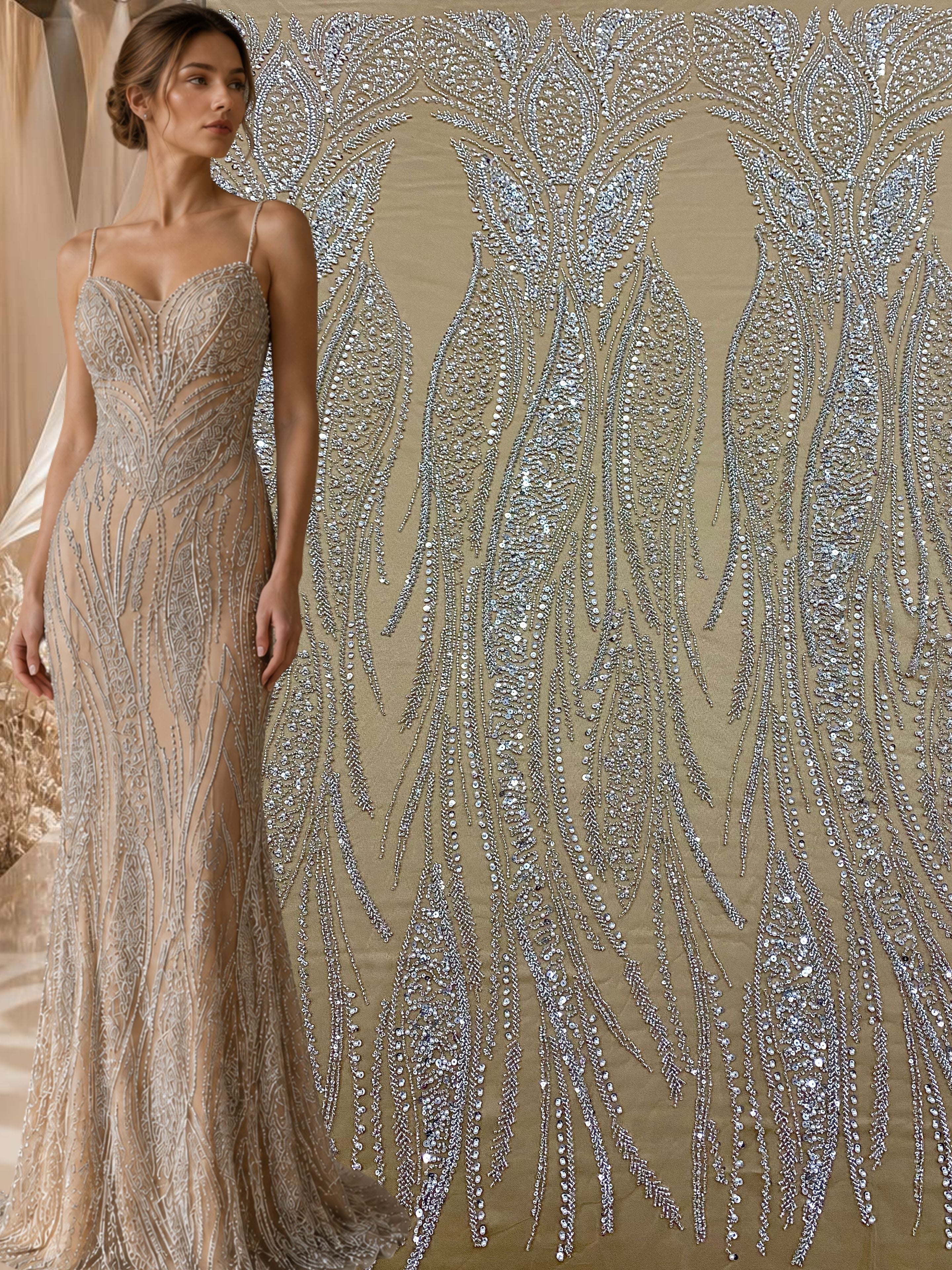 Dantela Couture Argintie pe Tulle Nude cu Panou, cu Perle, Margele si Paiete