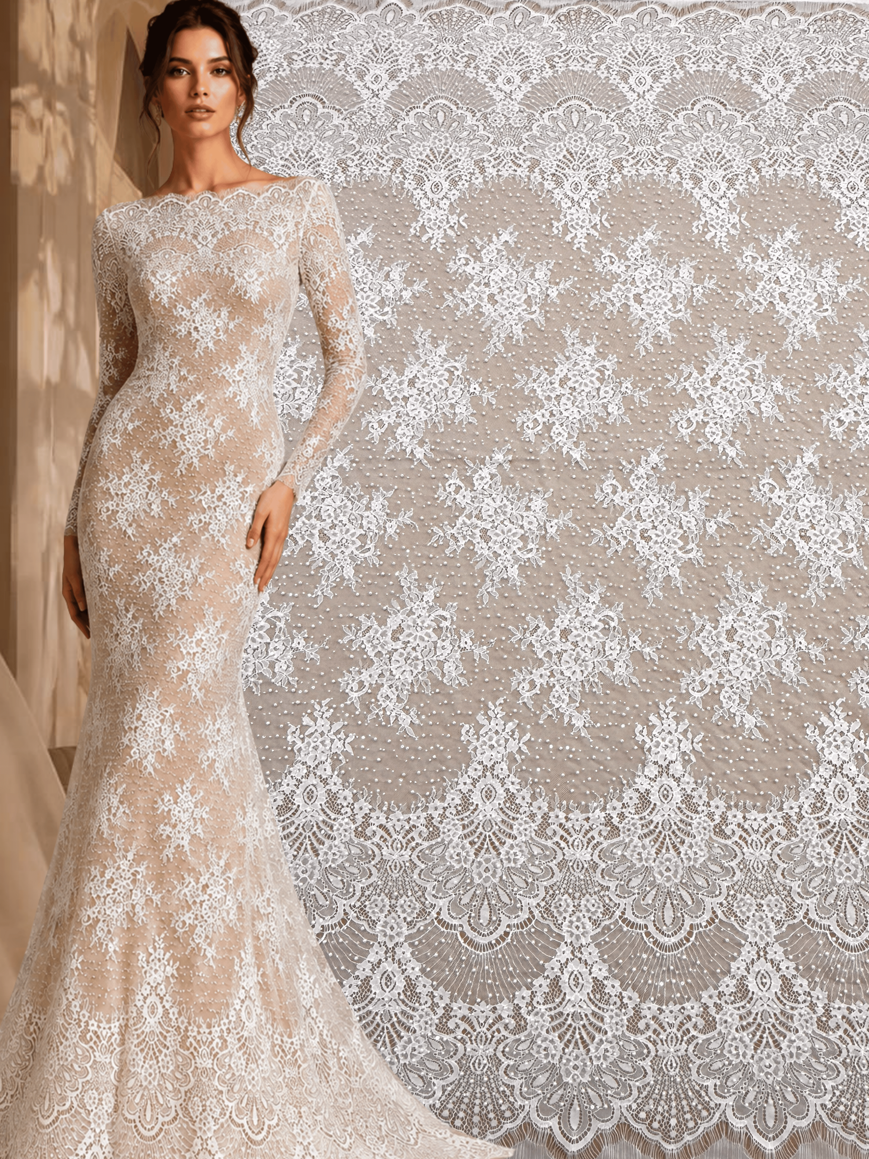 Dantela Chantilly Ivory cu Perle, Margele si Paiete - Cupon 3 m