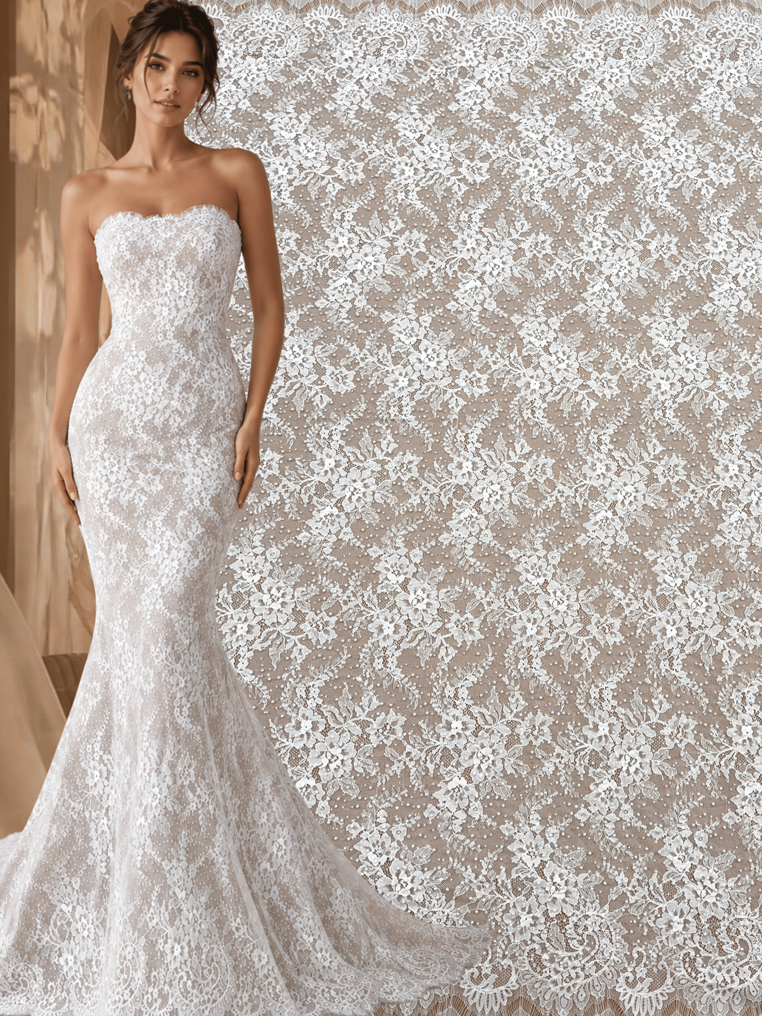Dantela Chantilly Ivory cu Perle, Margele si Paiete - Cupon 3 m