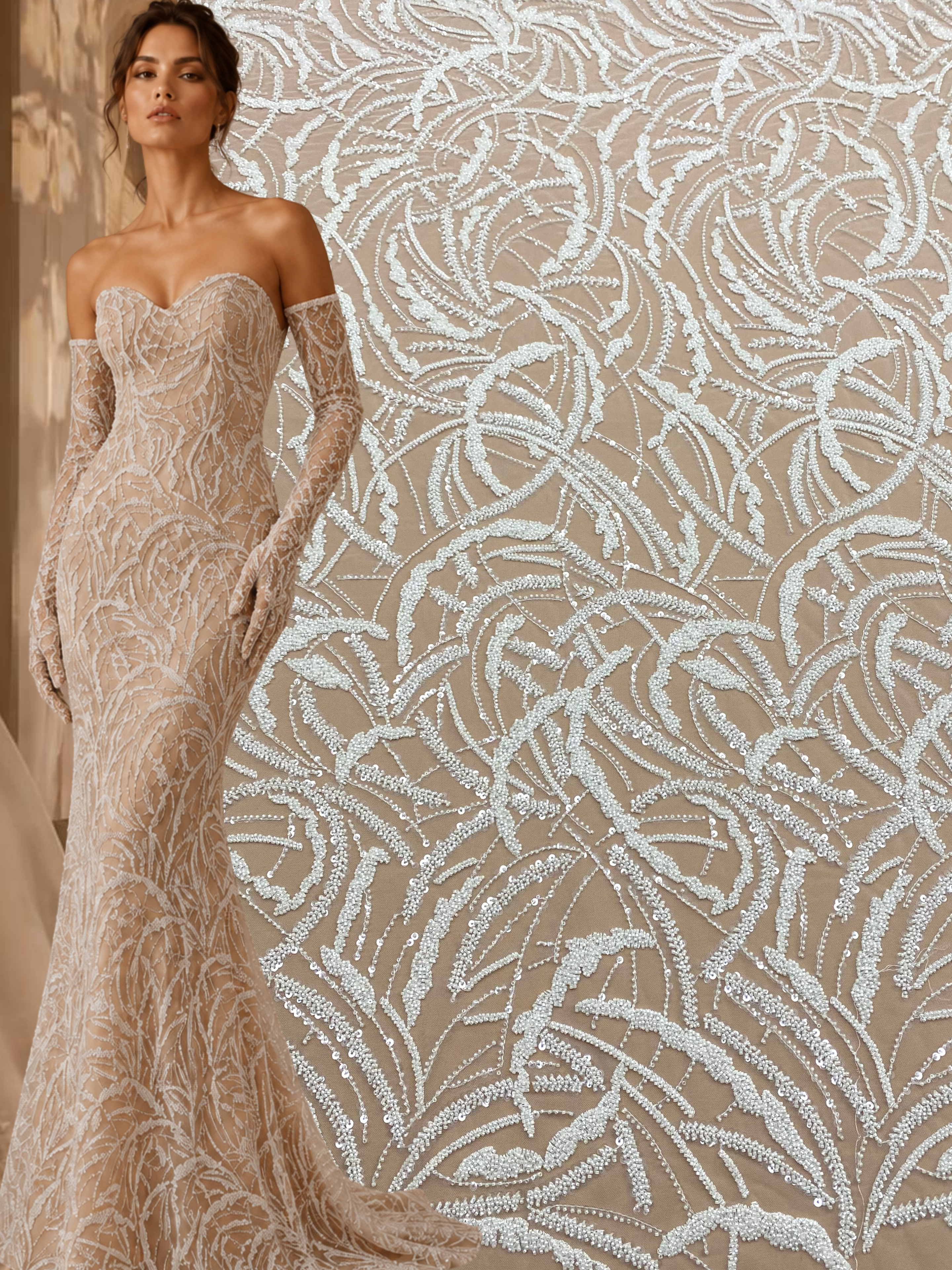 Dantela Couture Ivory cu Model Geometric, cu Margele si Paiete