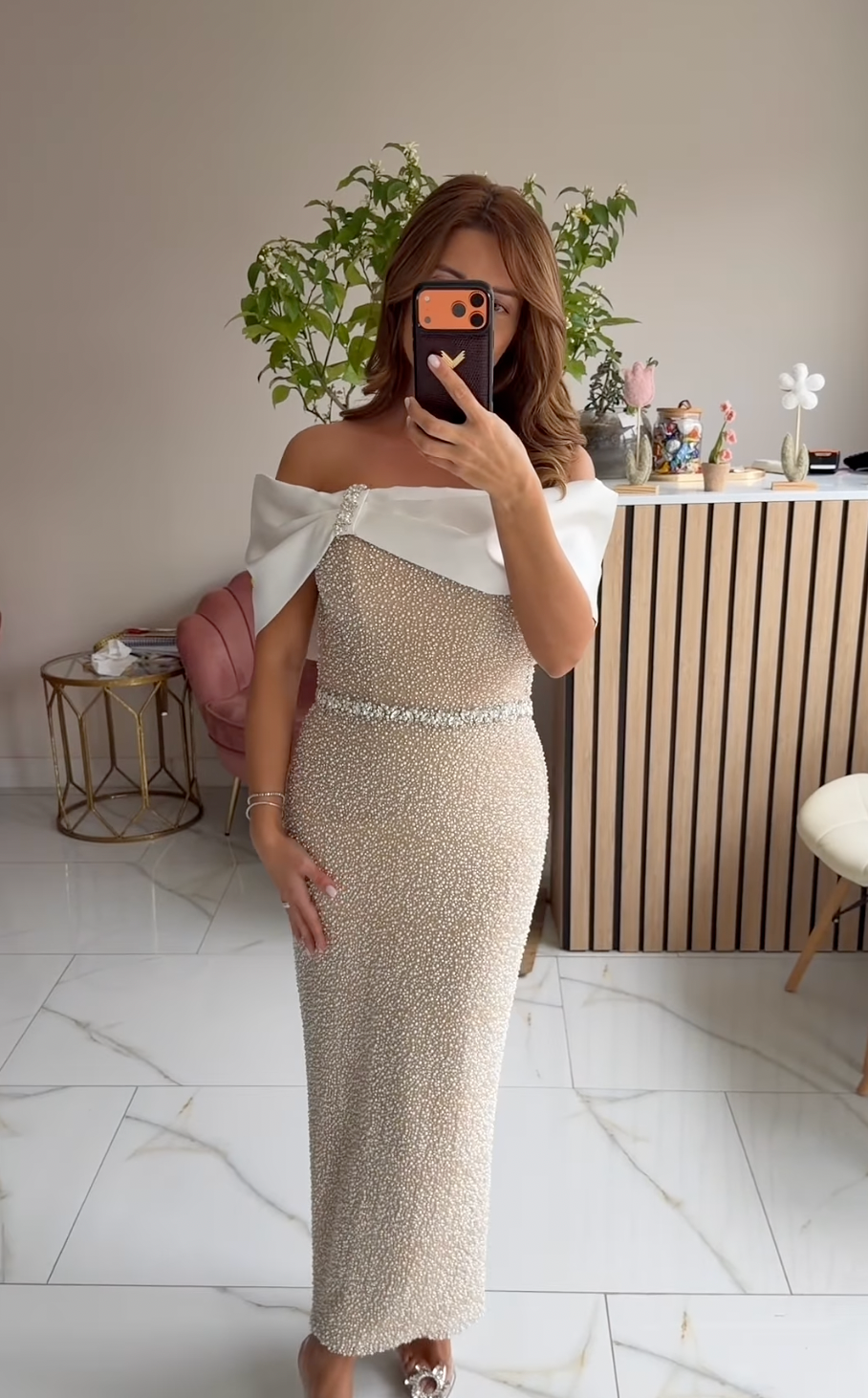 Dantela Couture Ivory cu Model General, cu Perle si Margele