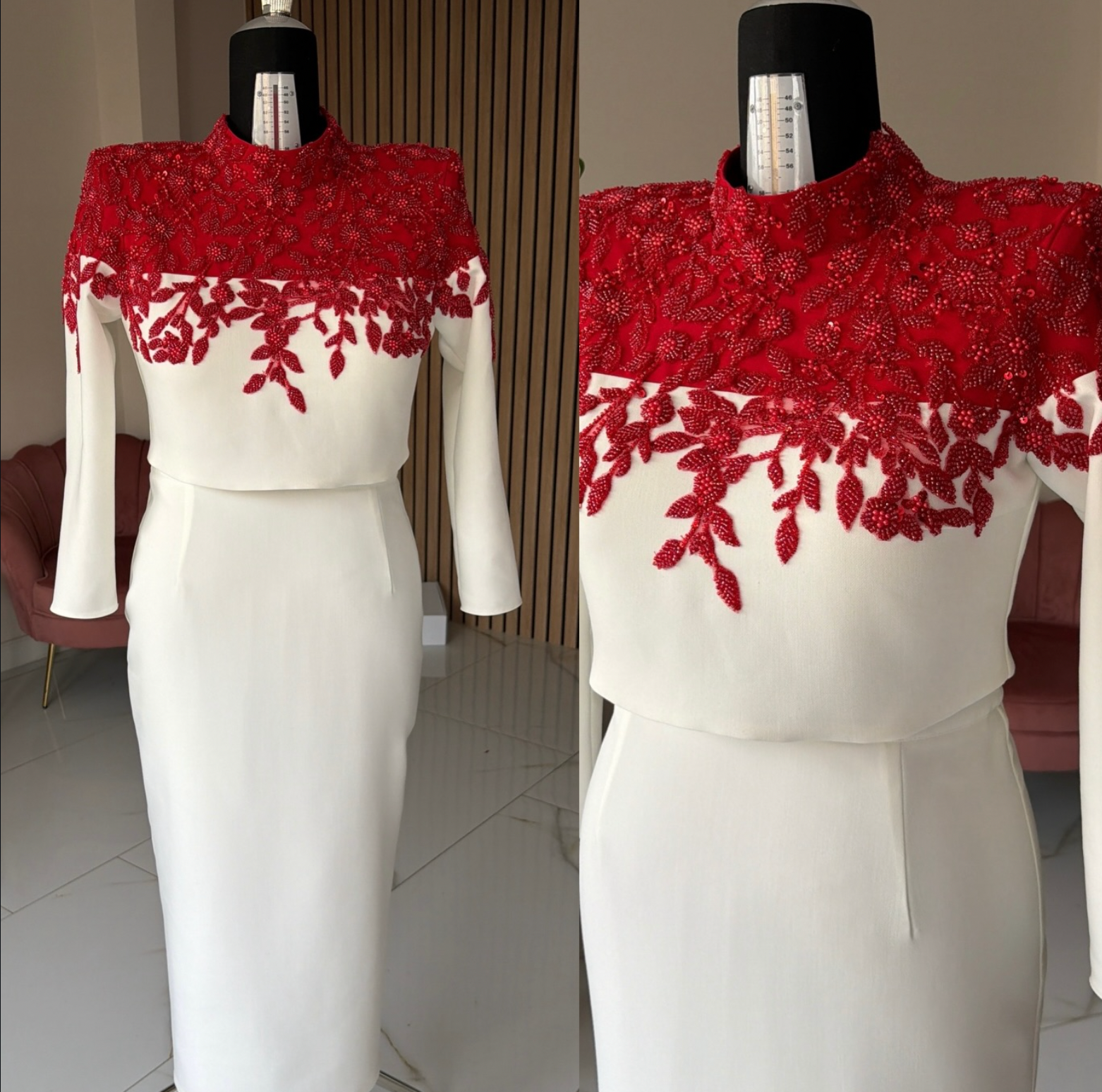 Dantela Couture Rosie cu Model Floral, Perle, Margele si Paiete