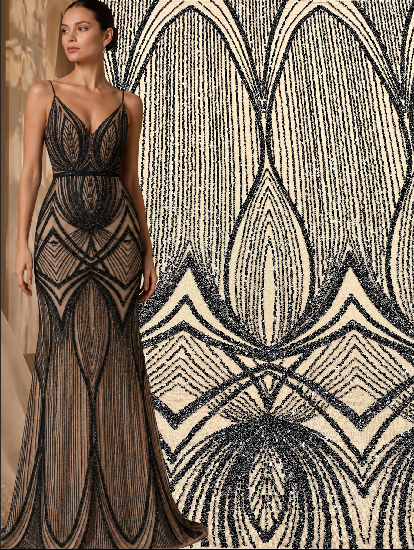 Dantela Couture Neagra cu Model Geometric, cu Perle, Margele si Paiete
