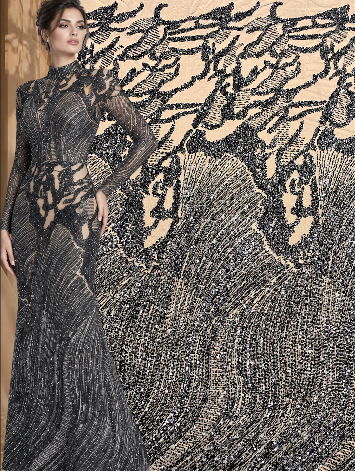 Dantela Couture Neagra cu Model Geometric, cu Margele si Paiete