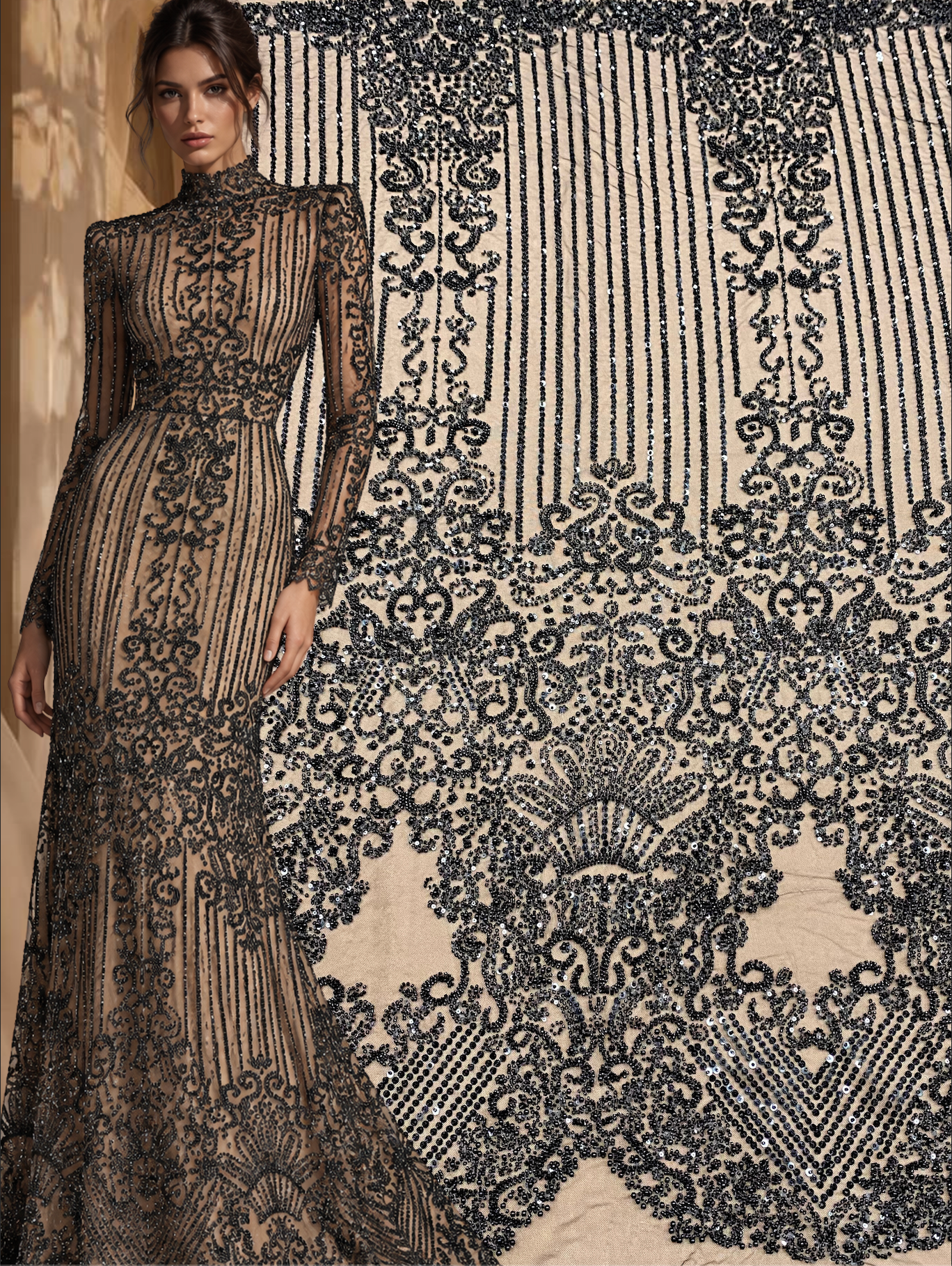 Black Couture Lace with Geometric Pattern, with Pearls, Beads and Sequins