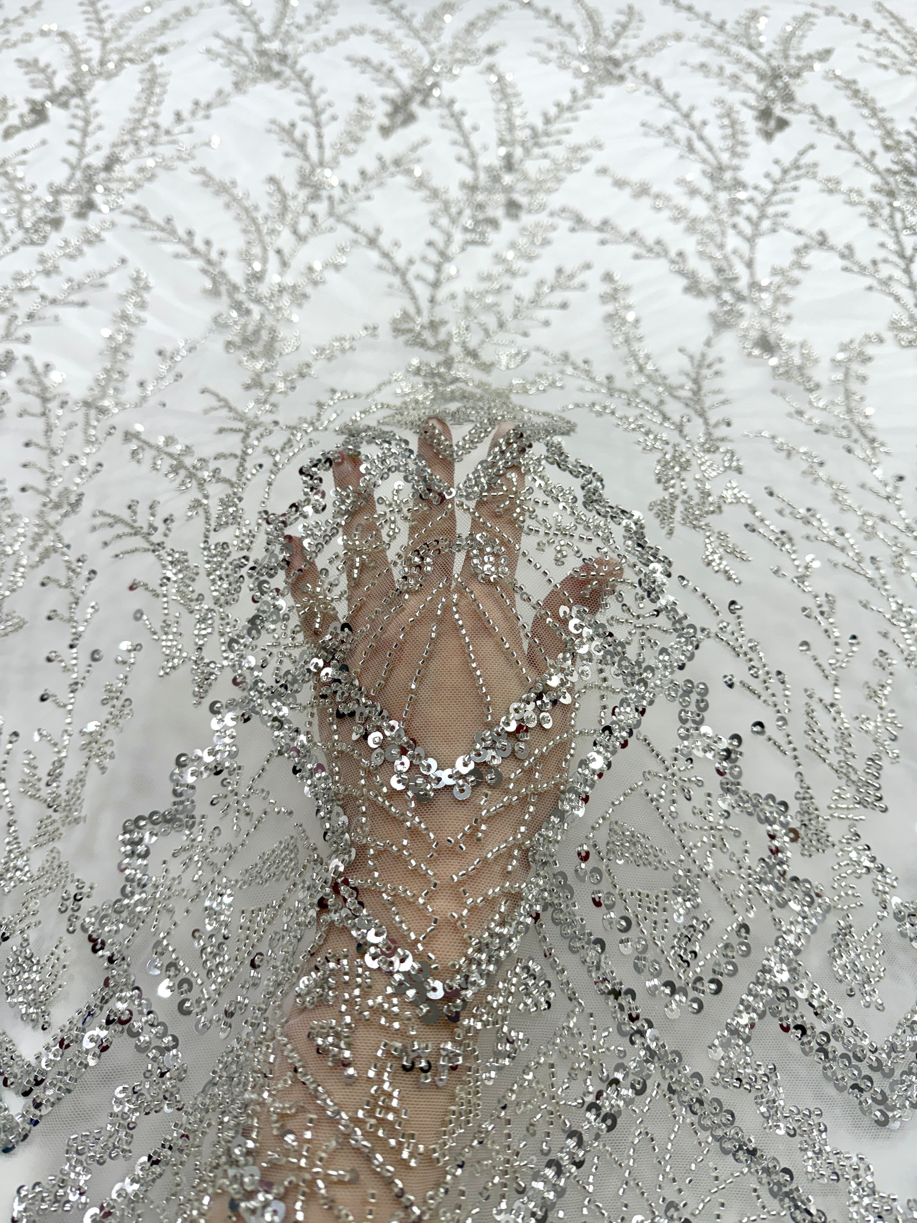 Black Couture Lace with General Pattern, with Beads and Sequins 