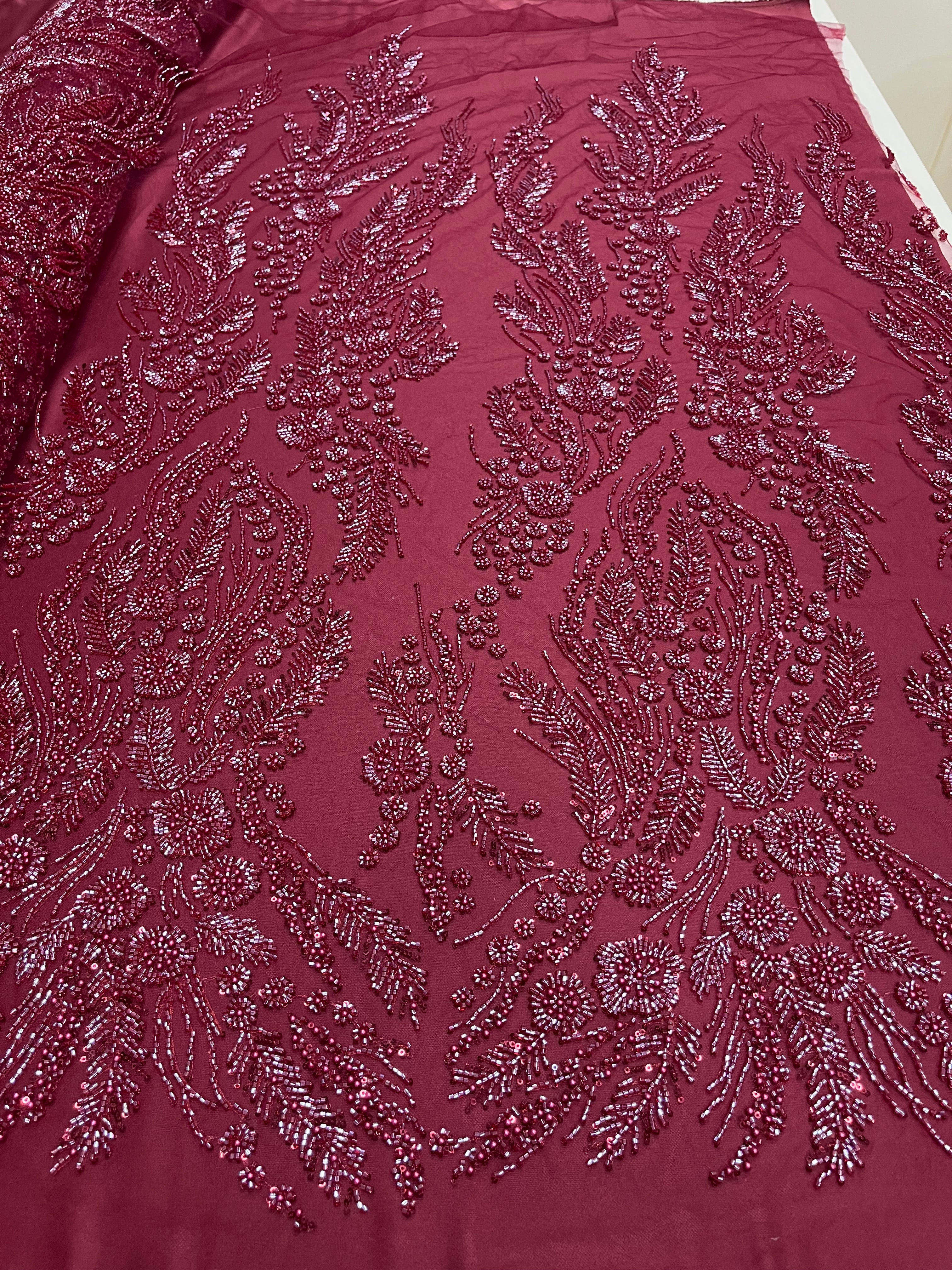 Bordeaux Couture Lace with Floral Pattern, Pearls, Beads and Sequins