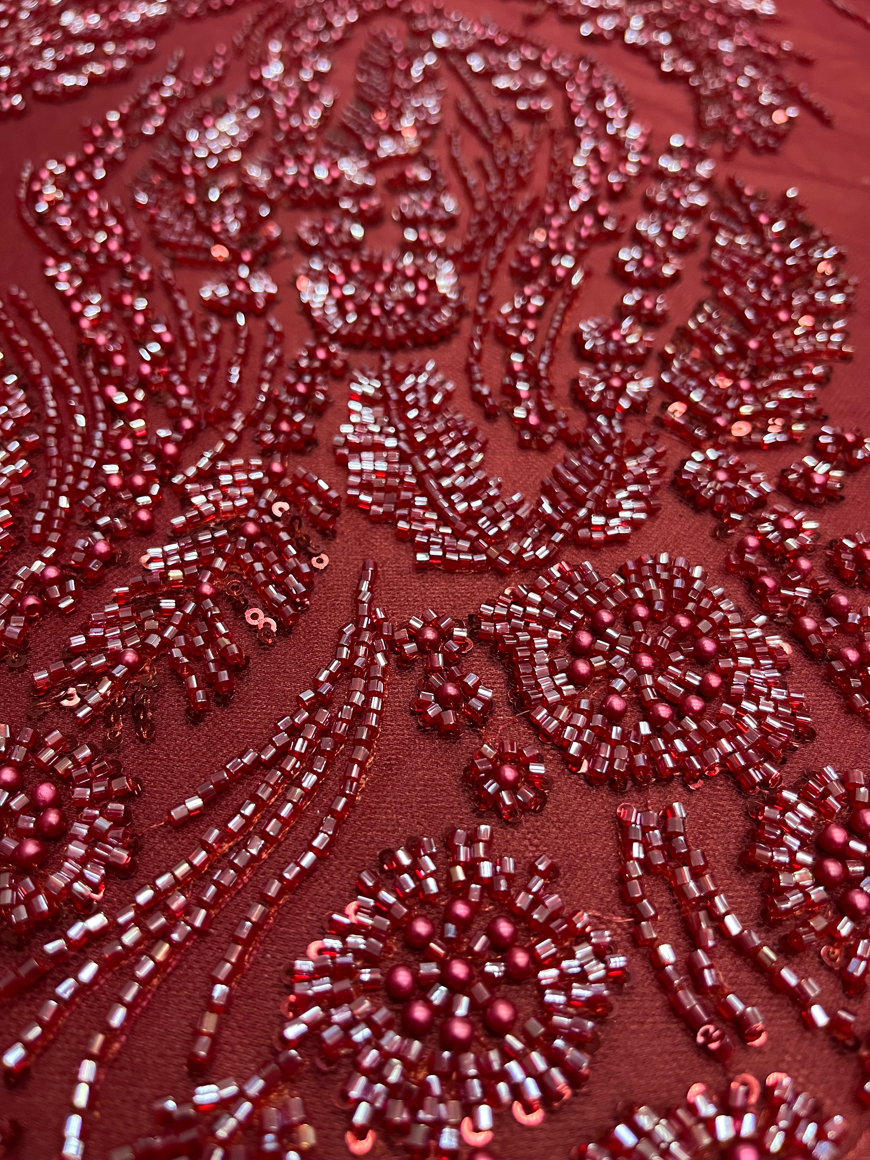 Bordeaux Couture Lace with Floral Pattern, Pearls, Beads and Sequins