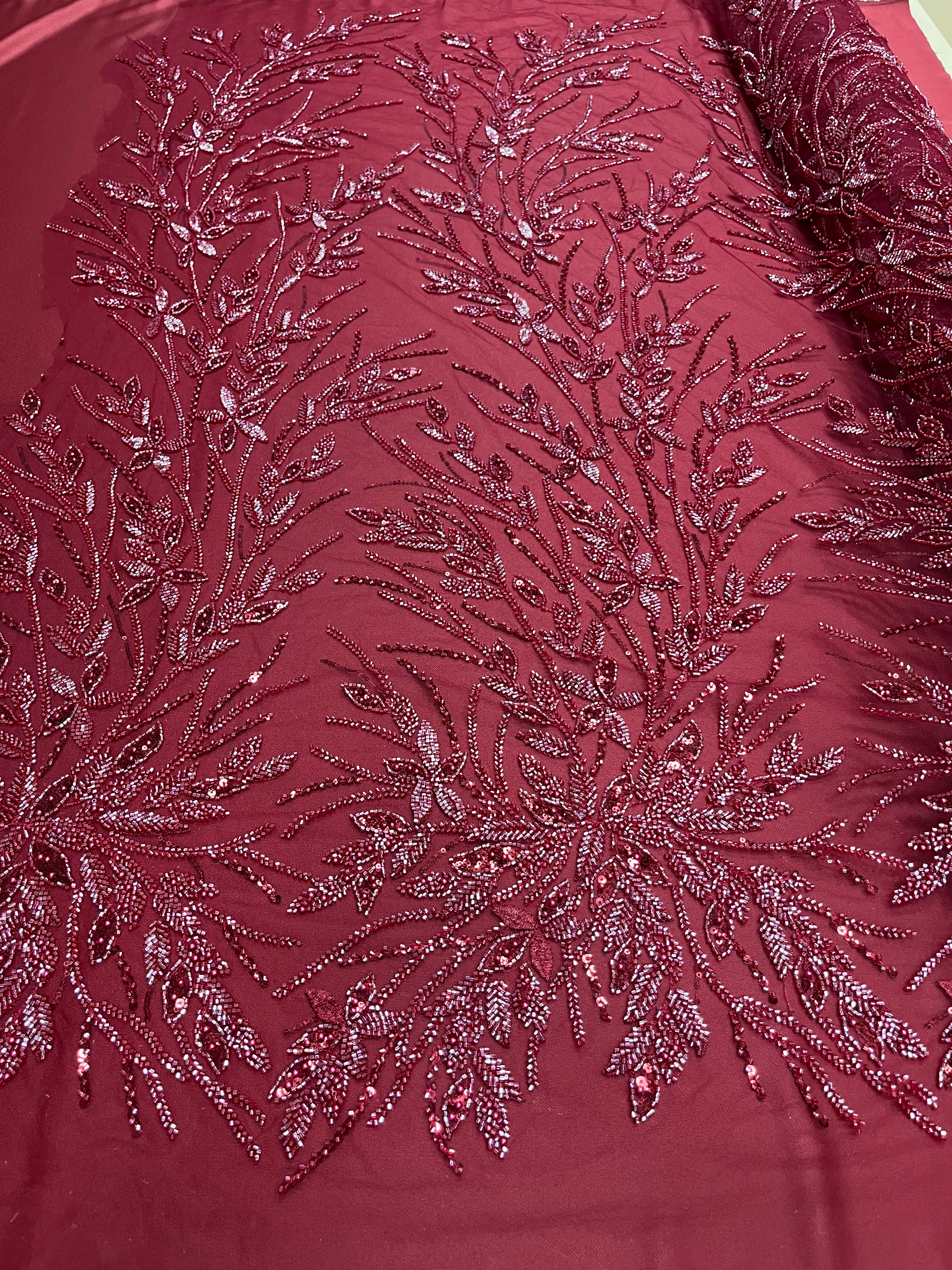 Bordeaux Couture Lace with Floral Pattern, Pearls, Beads and Sequins