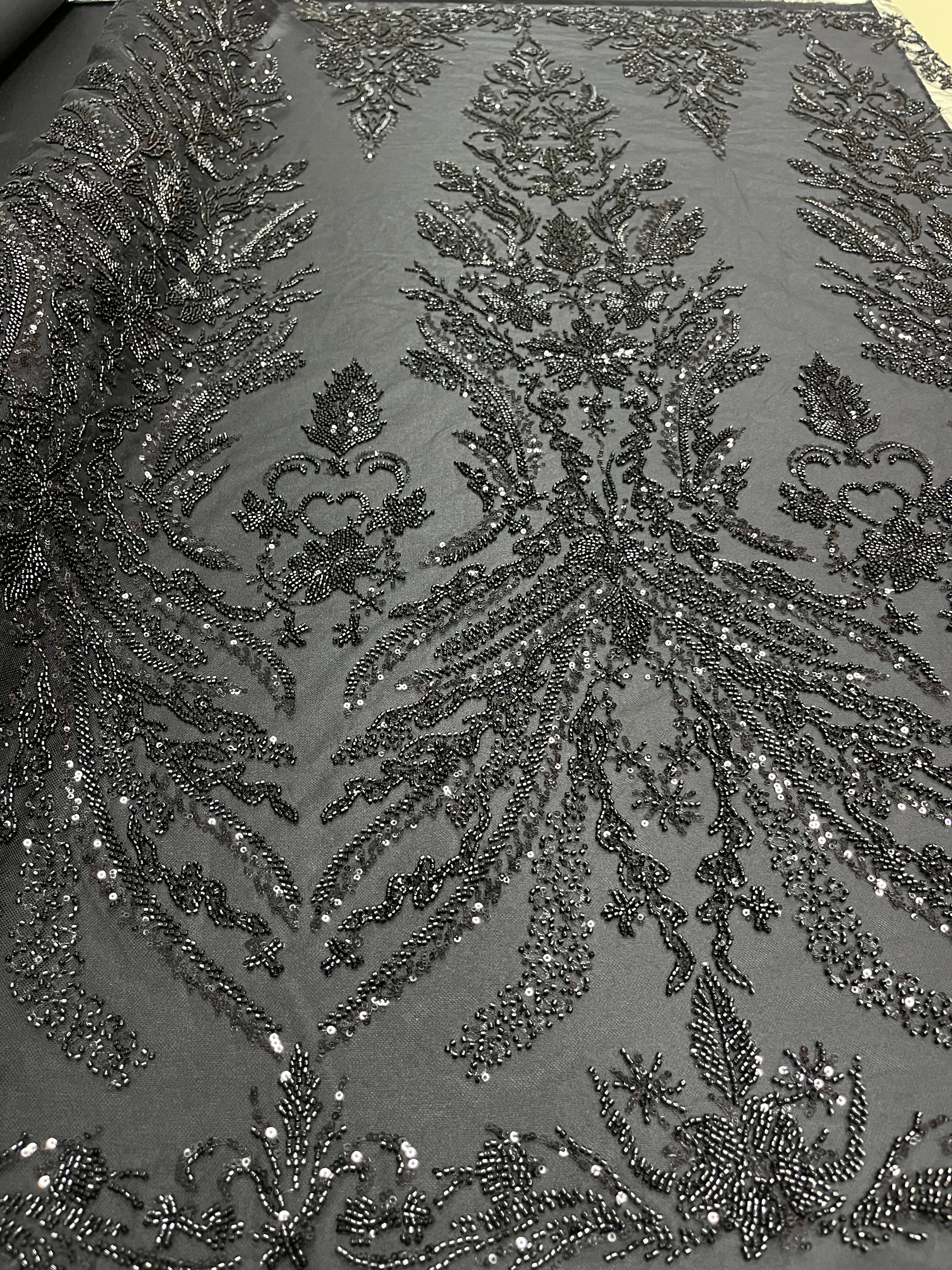 Black Couture Lace with Floral Pattern, with Pearls, Beads and Sequins 