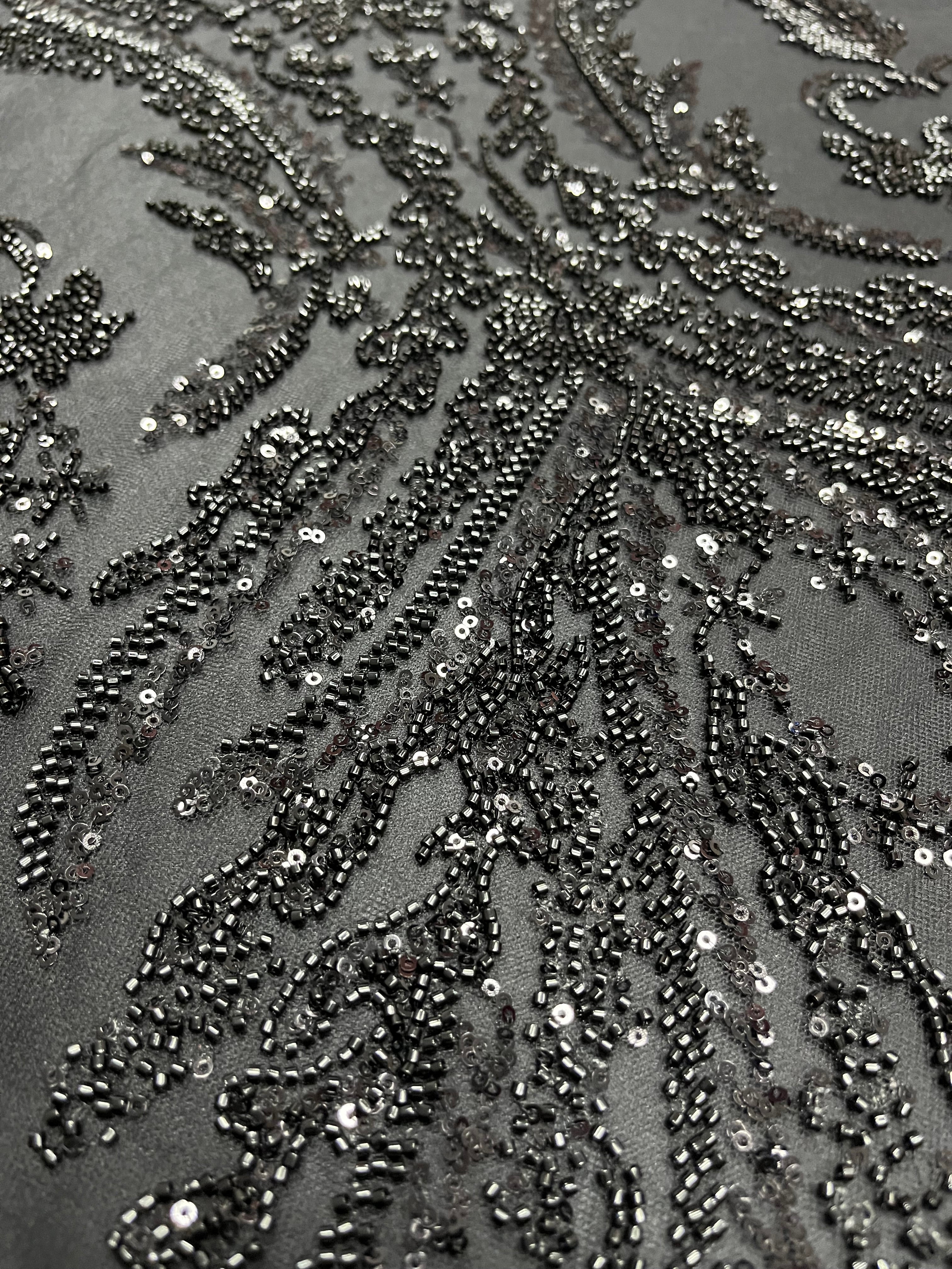 Black Couture Lace with Floral Pattern, with Pearls, Beads and Sequins 