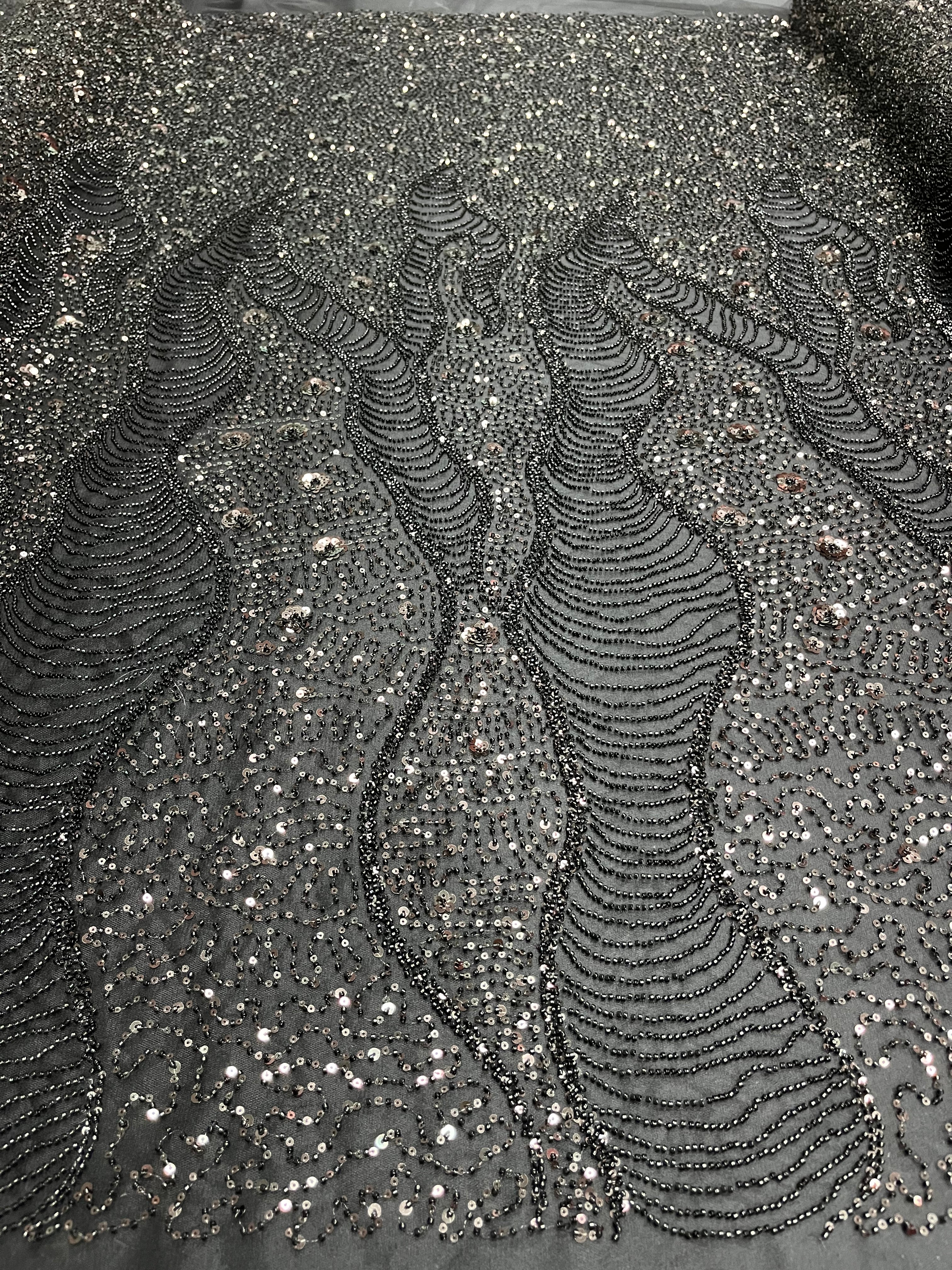 Black Couture Lace with Geometric and Floral Pattern, with Beads and Sequins