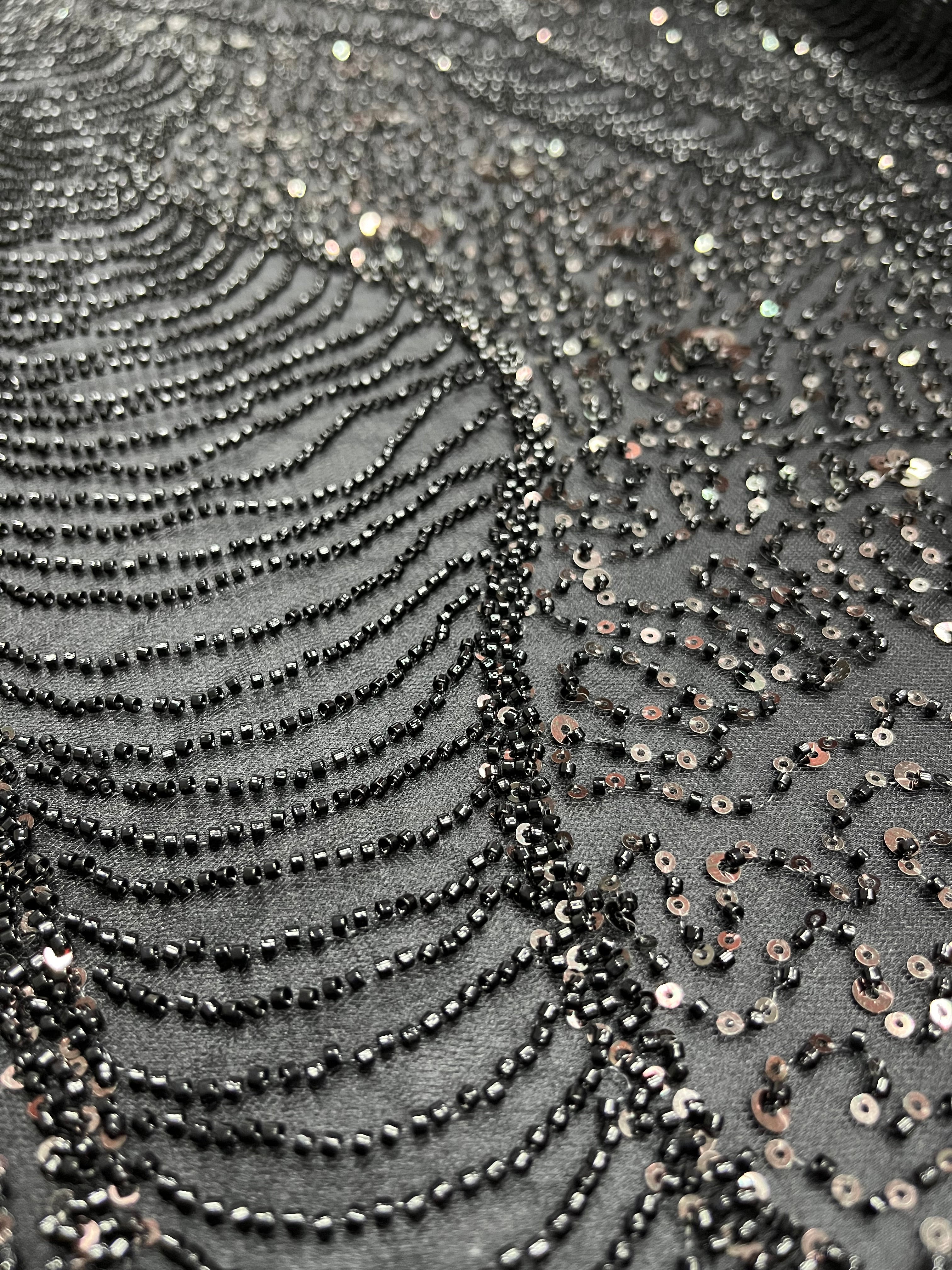 Black Couture Lace with Geometric and Floral Pattern, with Beads and Sequins