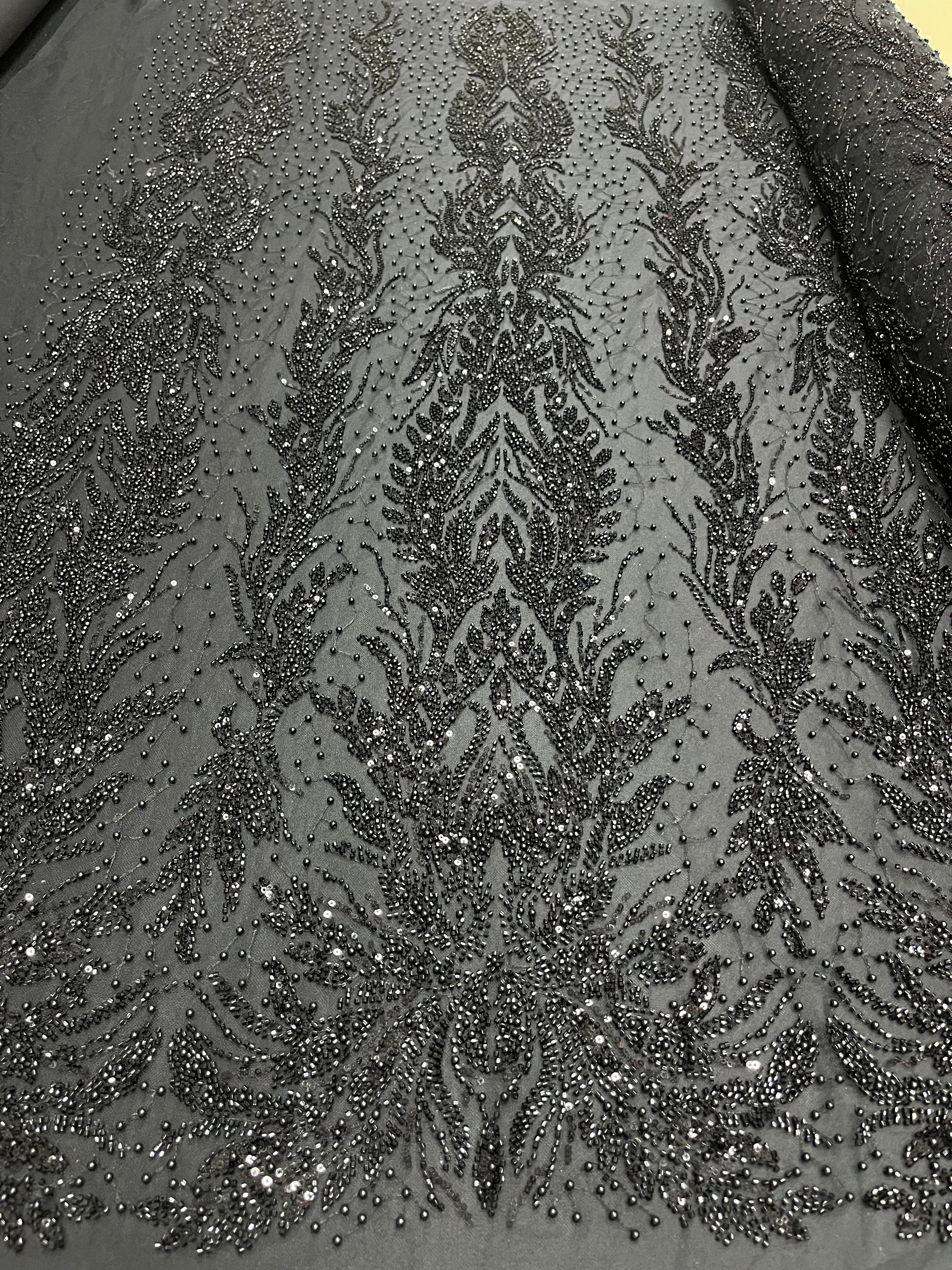 Black Couture Lace with Symmetrical Pattern, with Pearls, Beads and Sequins 