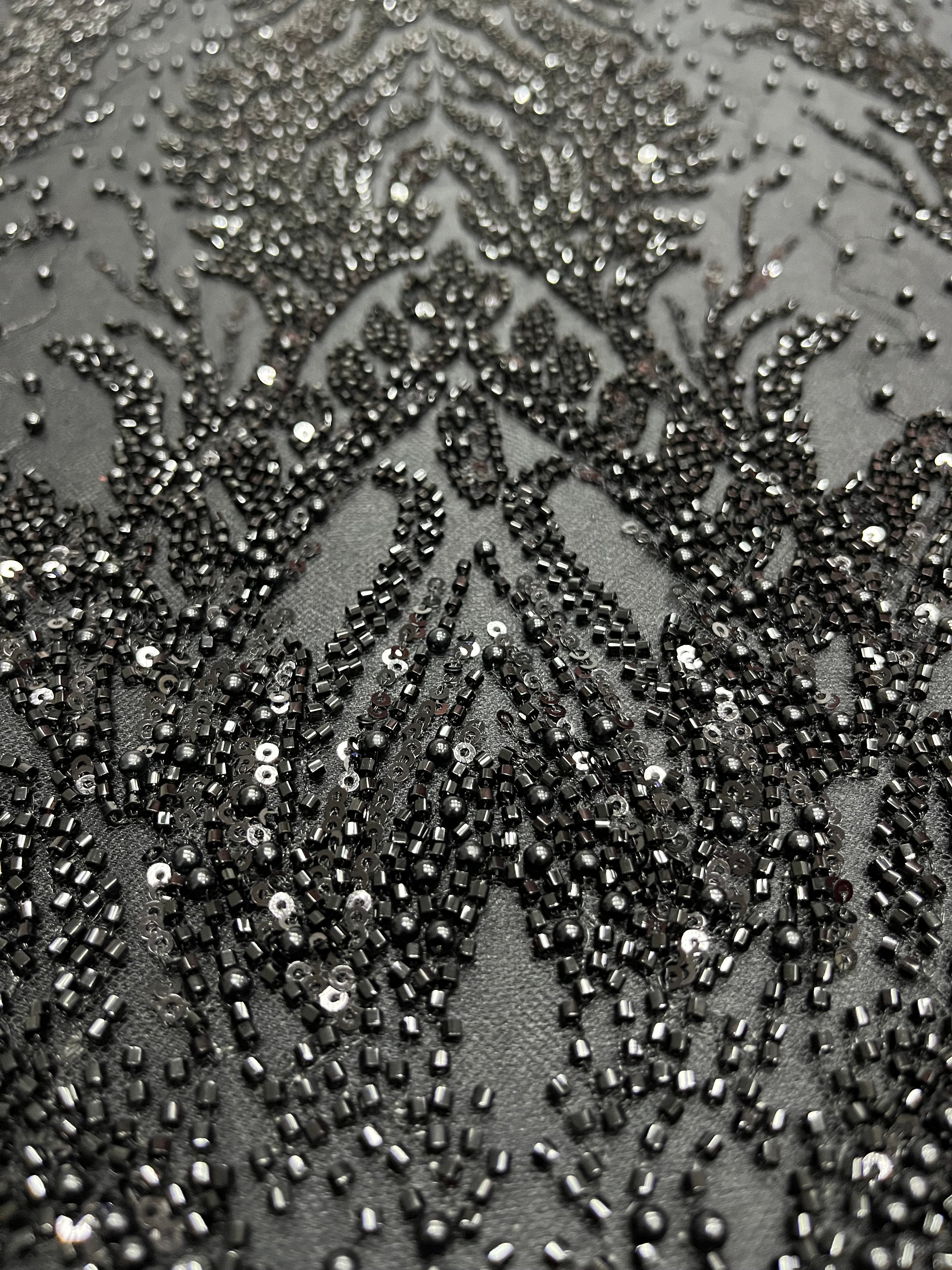 Black Couture Lace with Symmetrical Pattern, with Pearls, Beads and Sequins 