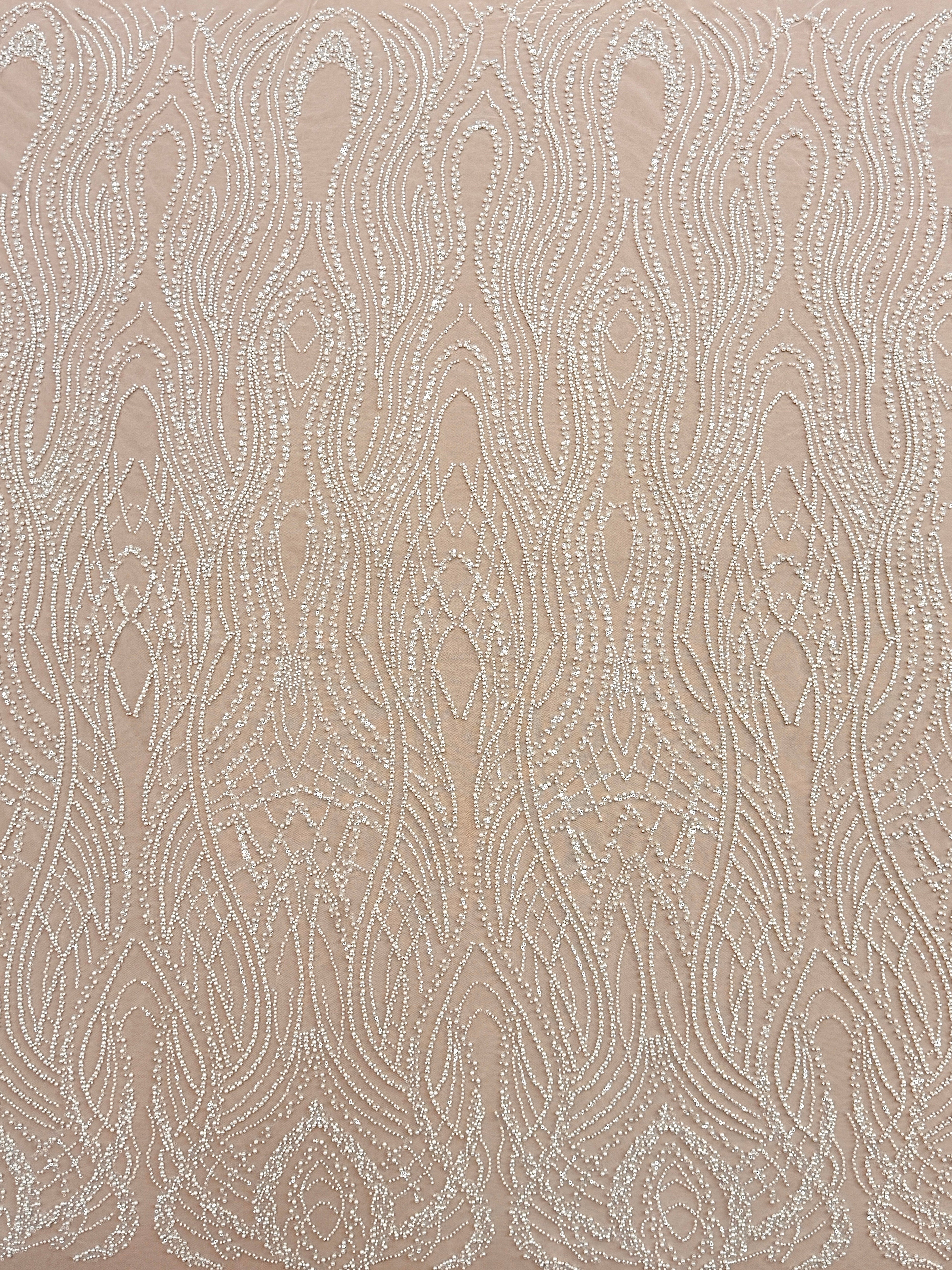 Cupon 1.50 m din Dantela Couture Ivory cu Perle, Margele si Paiete
