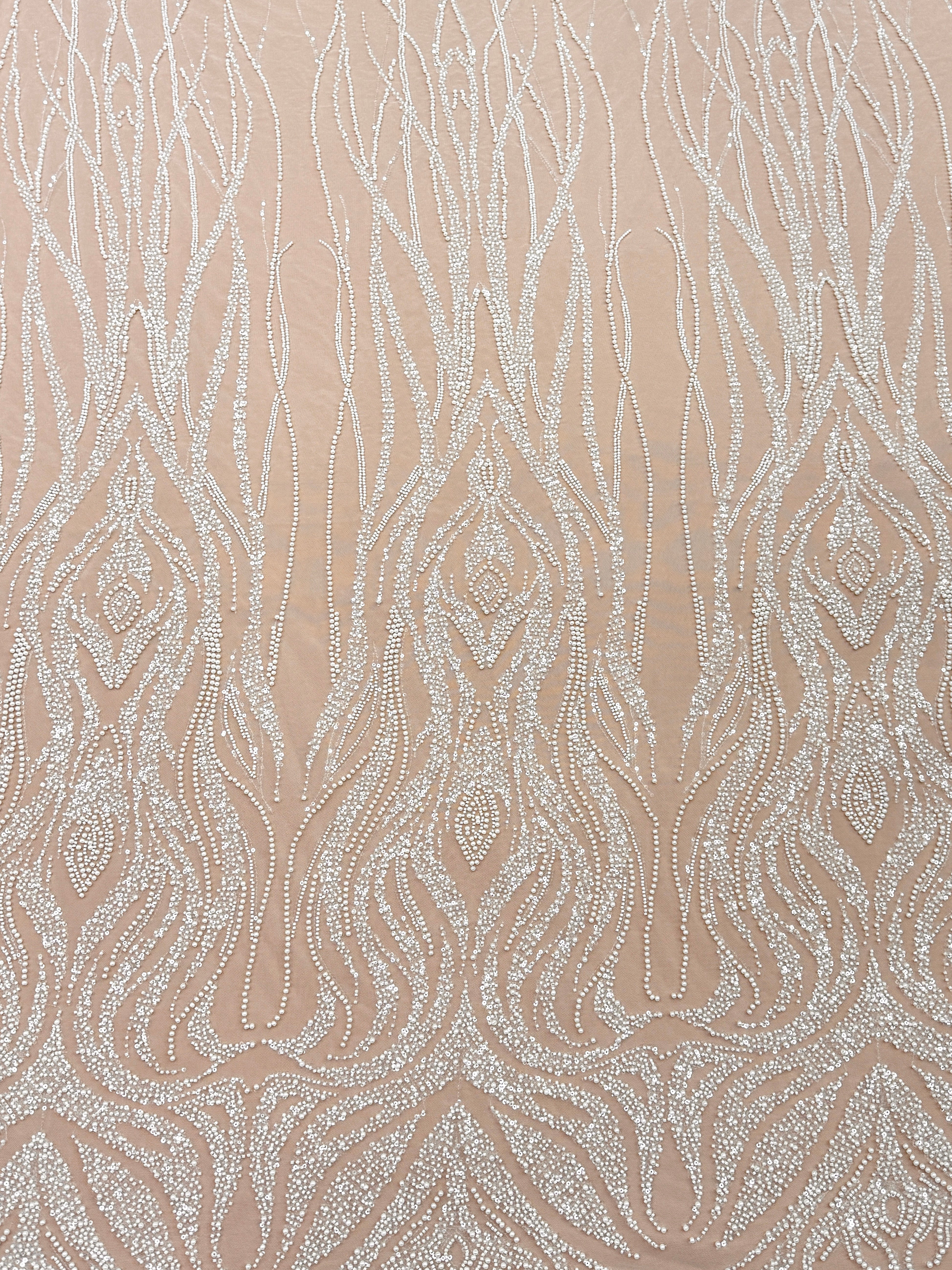 Dantela Ivory cu Model Geometric, cu Perle, Margele si Paiete