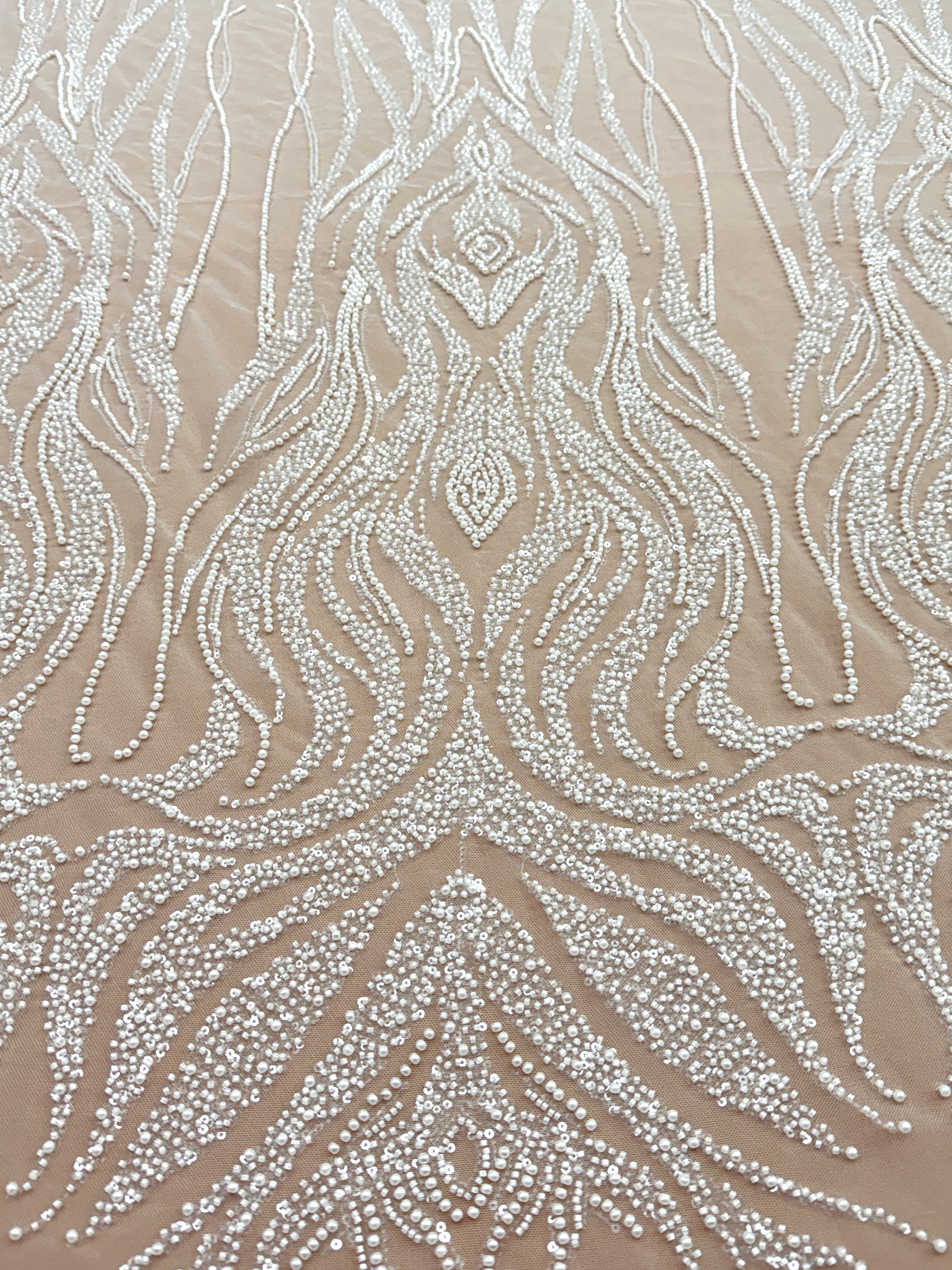 Ivory Lace with Geometric Pattern, with Pearls, Beads and Sequins