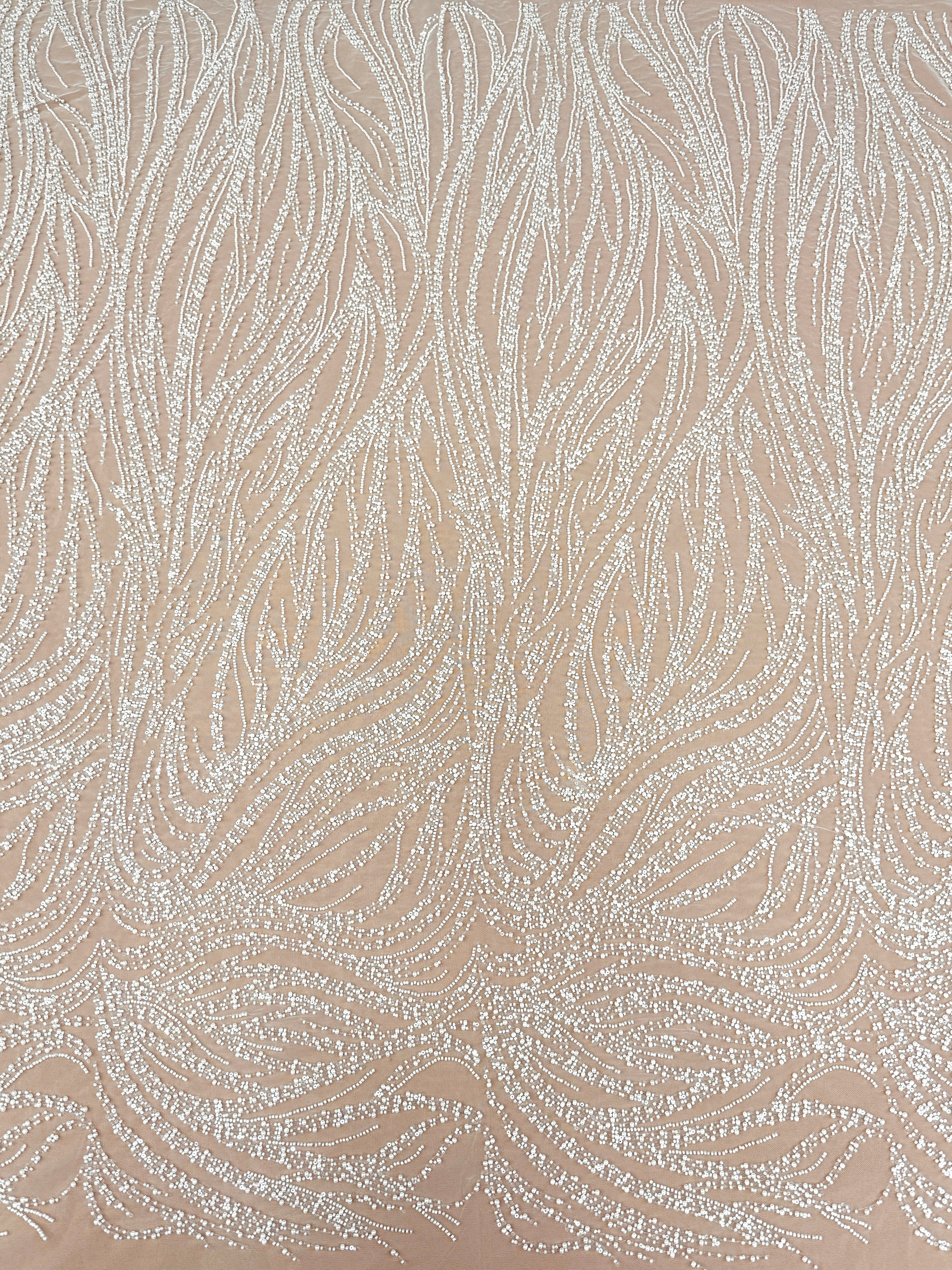 Dantela Ivory cu Model Geometric, cu Perle, Margele si Paiete