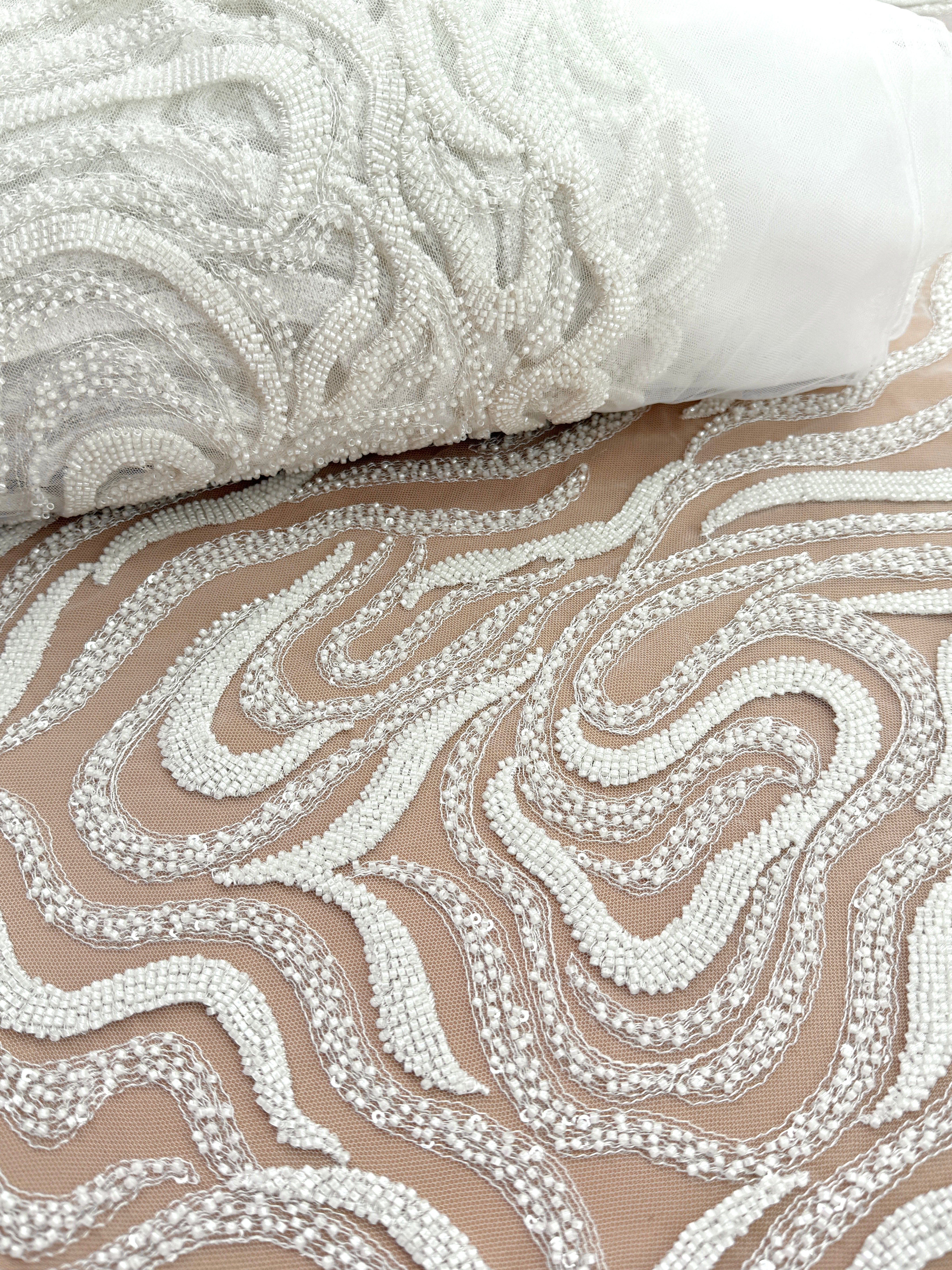 Ivory Lace with Geometric Pattern, with Beads and Sequins
