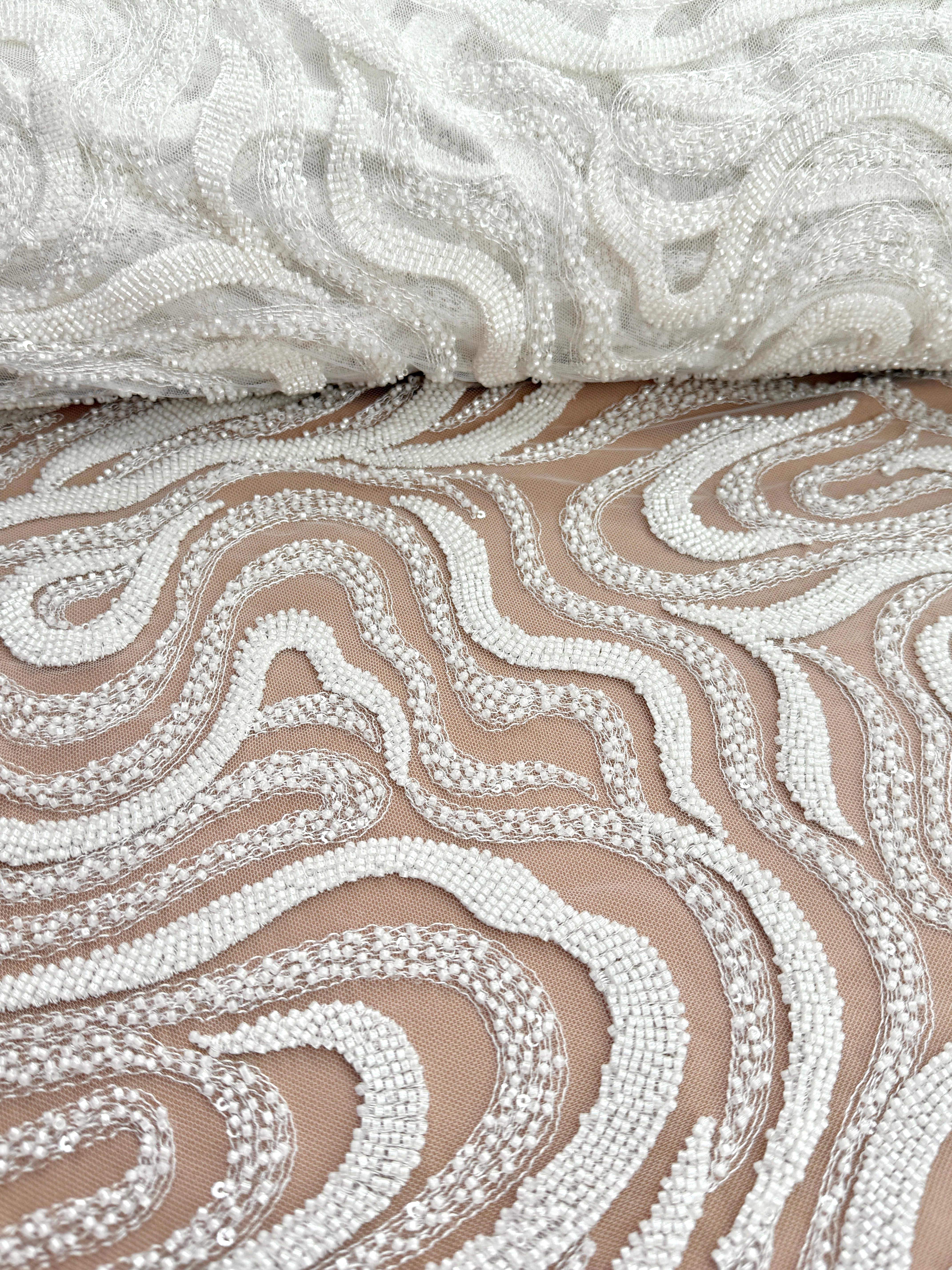 Dantela Ivory cu Model Geometric, cu Margele si Paiete