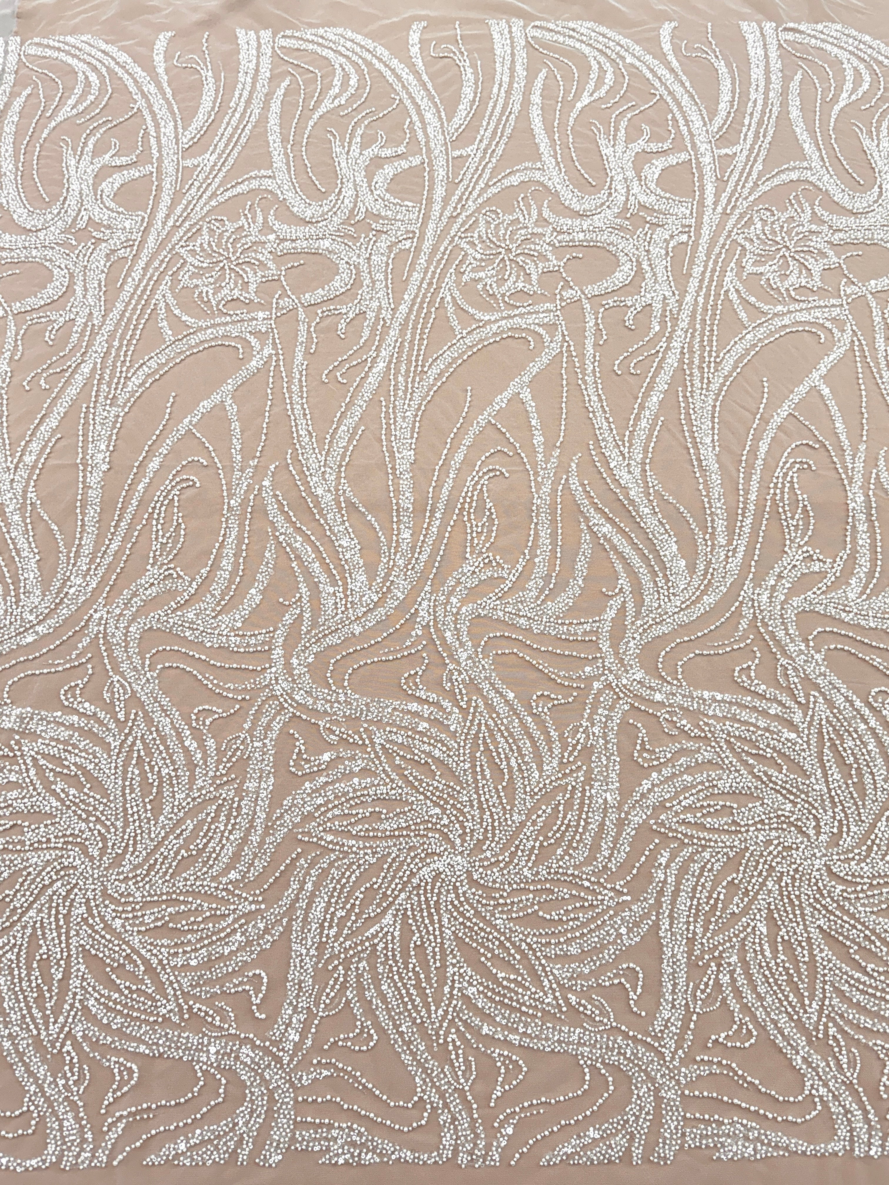 Dantela Couture Ivory cu Model Floral, Perle, Margele si Paiete