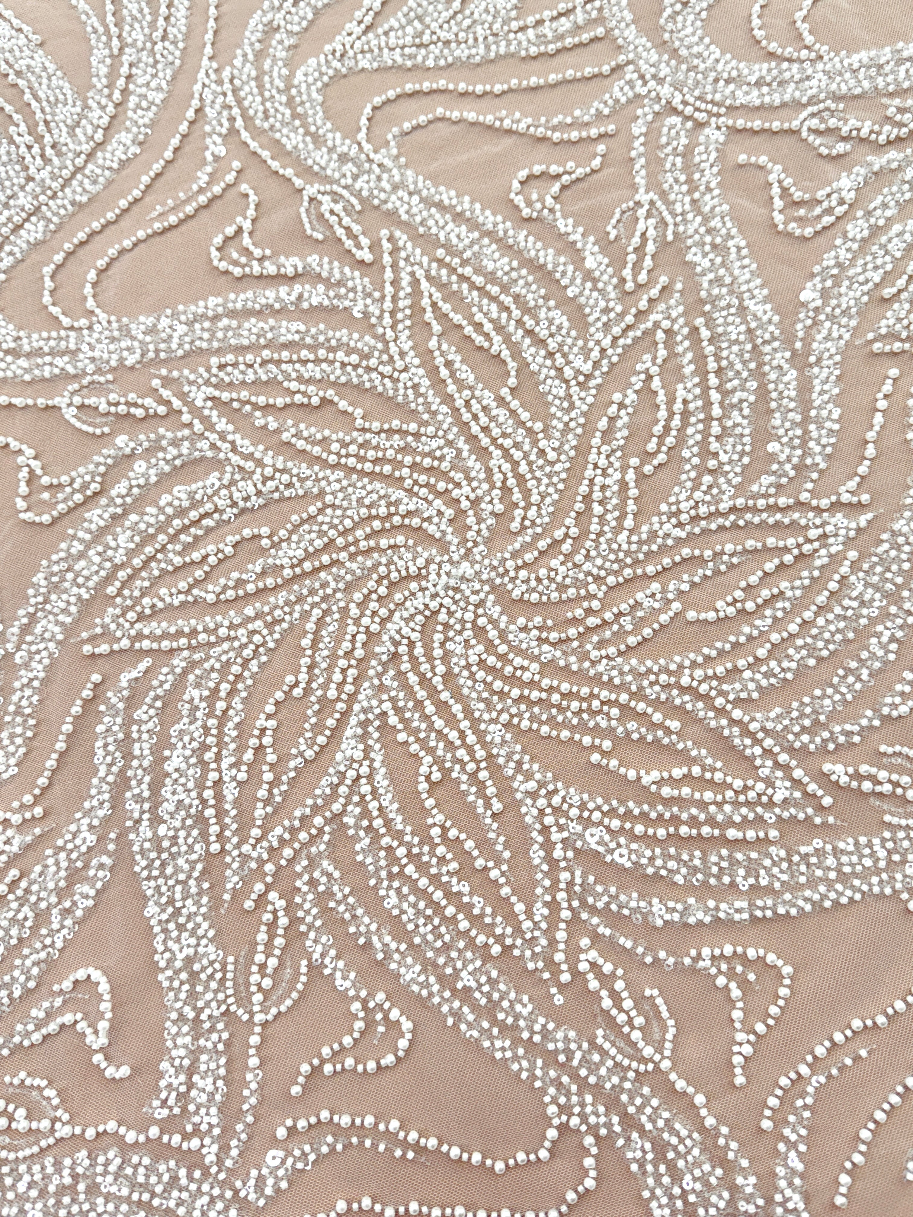 Dantela Couture Ivory cu Model Floral, Perle, Margele si Paiete