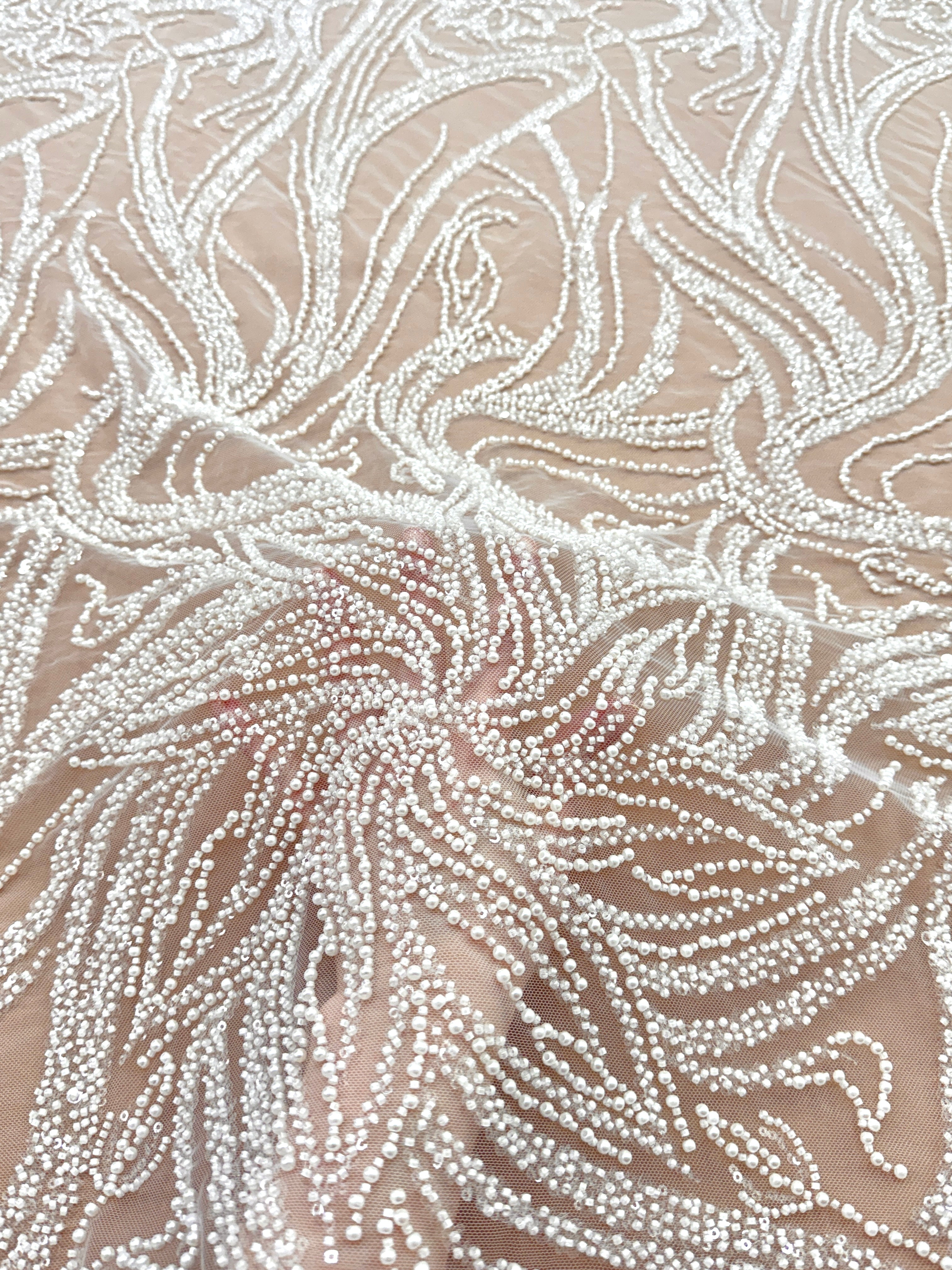 Dantela Couture Ivory cu Model Floral, Perle, Margele si Paiete