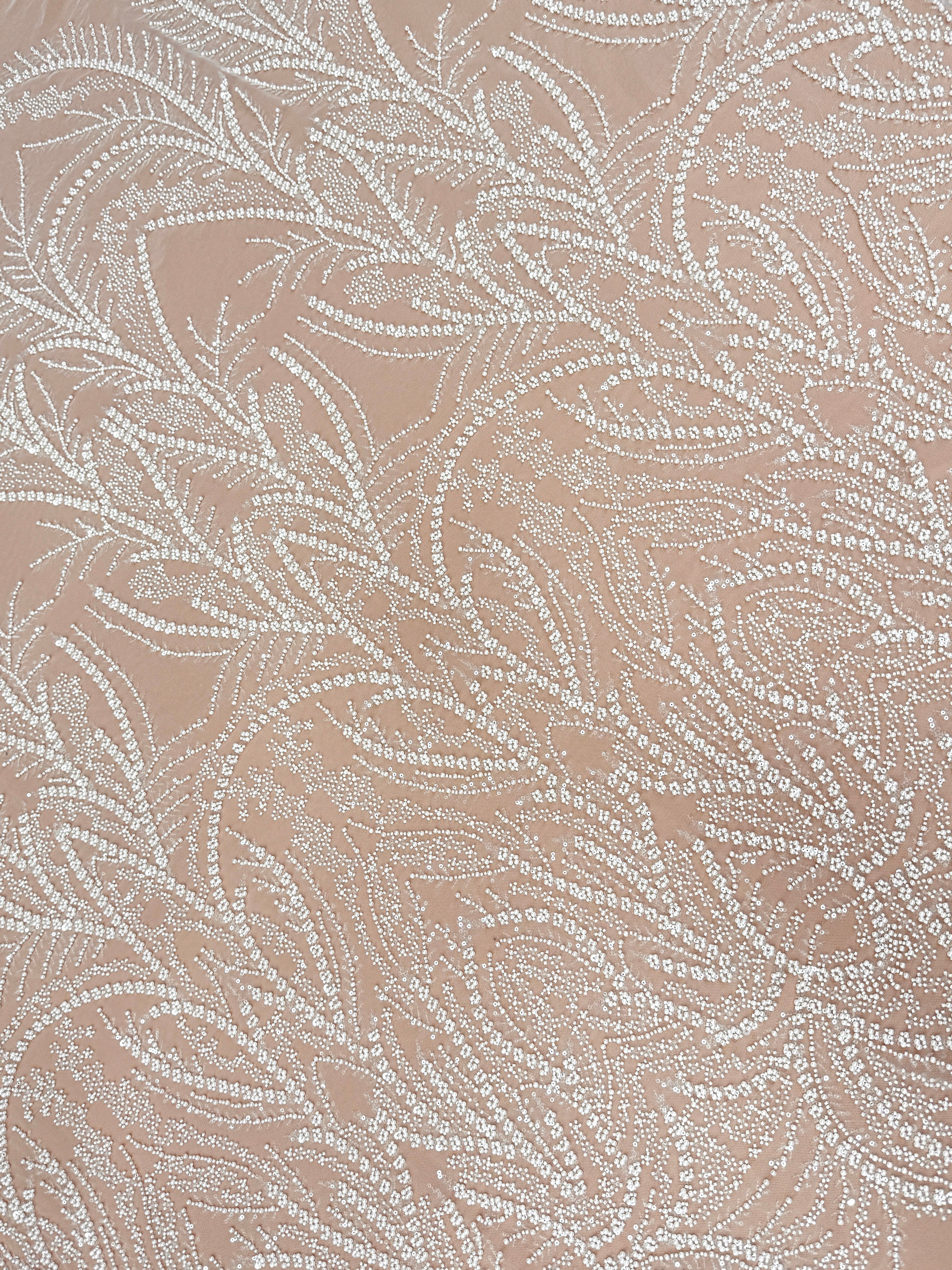 Ivory Lace with Geometric Pattern, with Pearls, Beads and Sequins