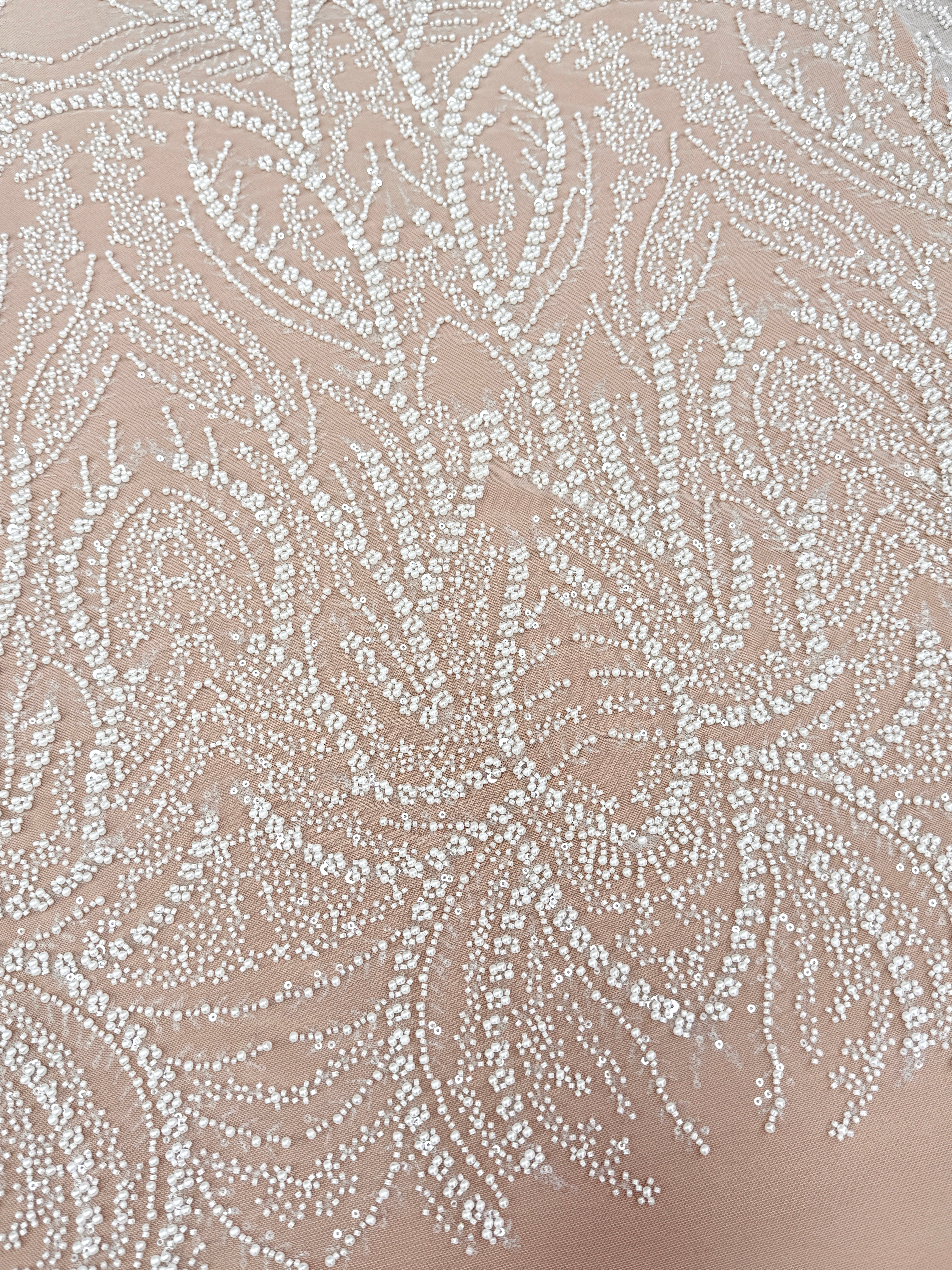 Ivory Lace with Geometric Pattern, with Pearls, Beads and Sequins