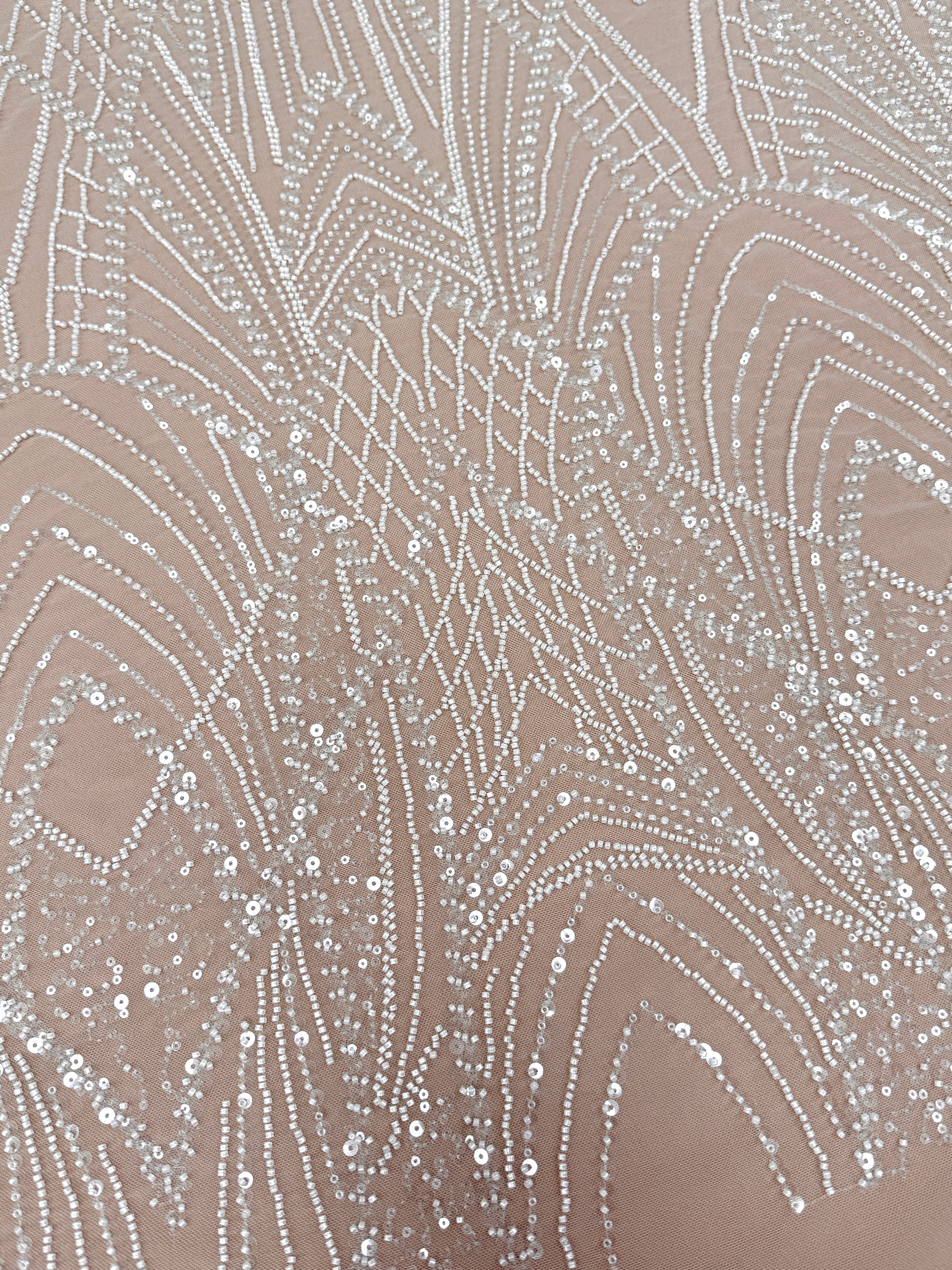 Dantela Couture Ivory cu Panou, cu Margele si Paiete