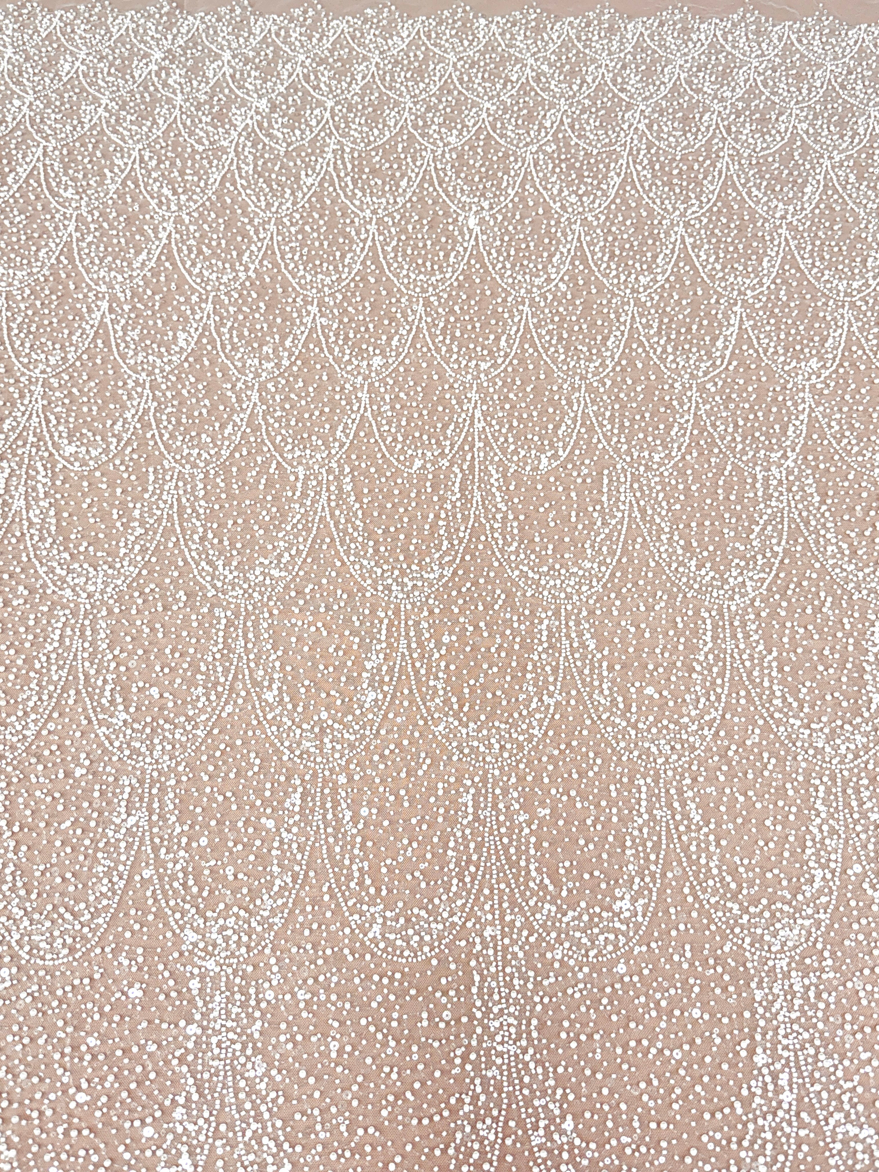 Ivory Lace with Geometric Pattern, with Pearls, Beads and Sequins