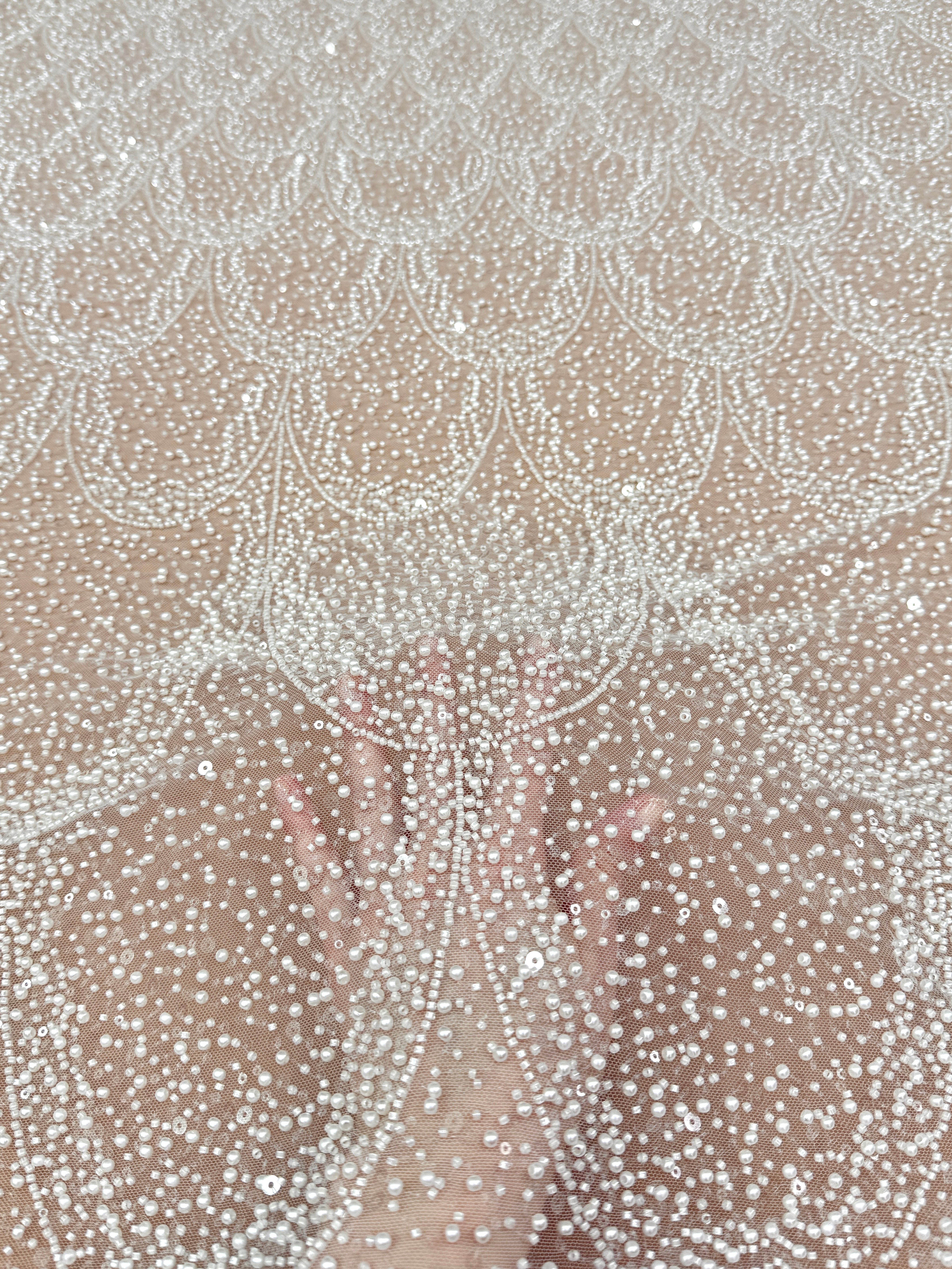 Ivory Lace with Geometric Pattern, with Pearls, Beads and Sequins