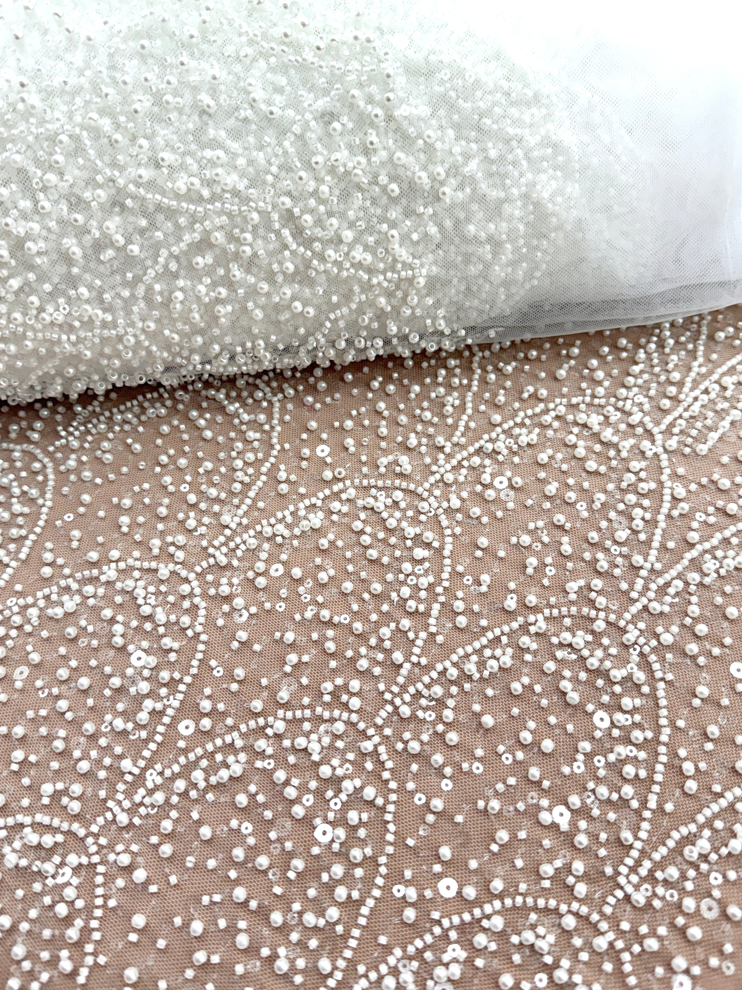 Ivory Lace with Geometric Pattern, with Pearls, Beads and Sequins