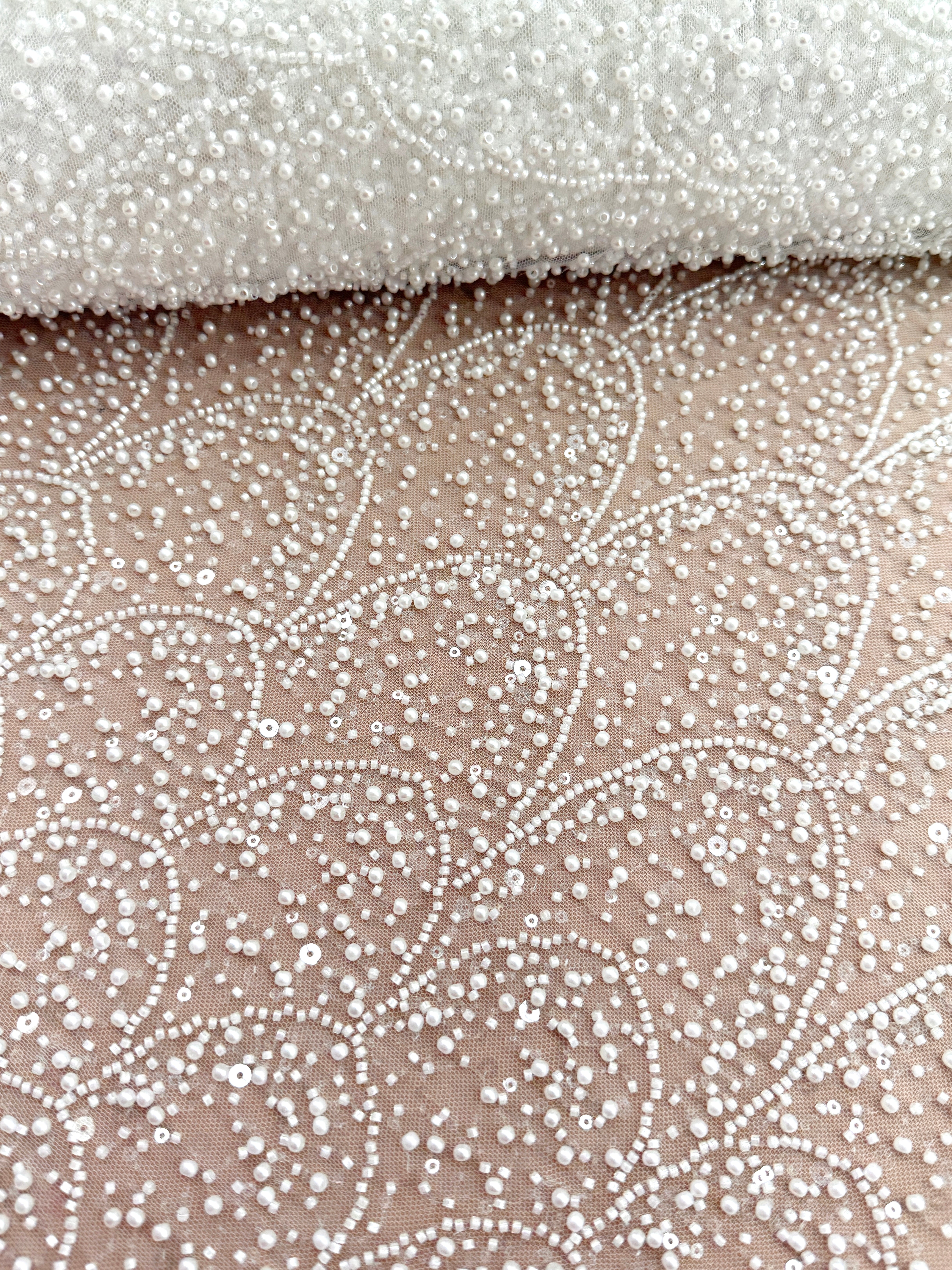 Ivory Lace with Geometric Pattern, with Pearls, Beads and Sequins