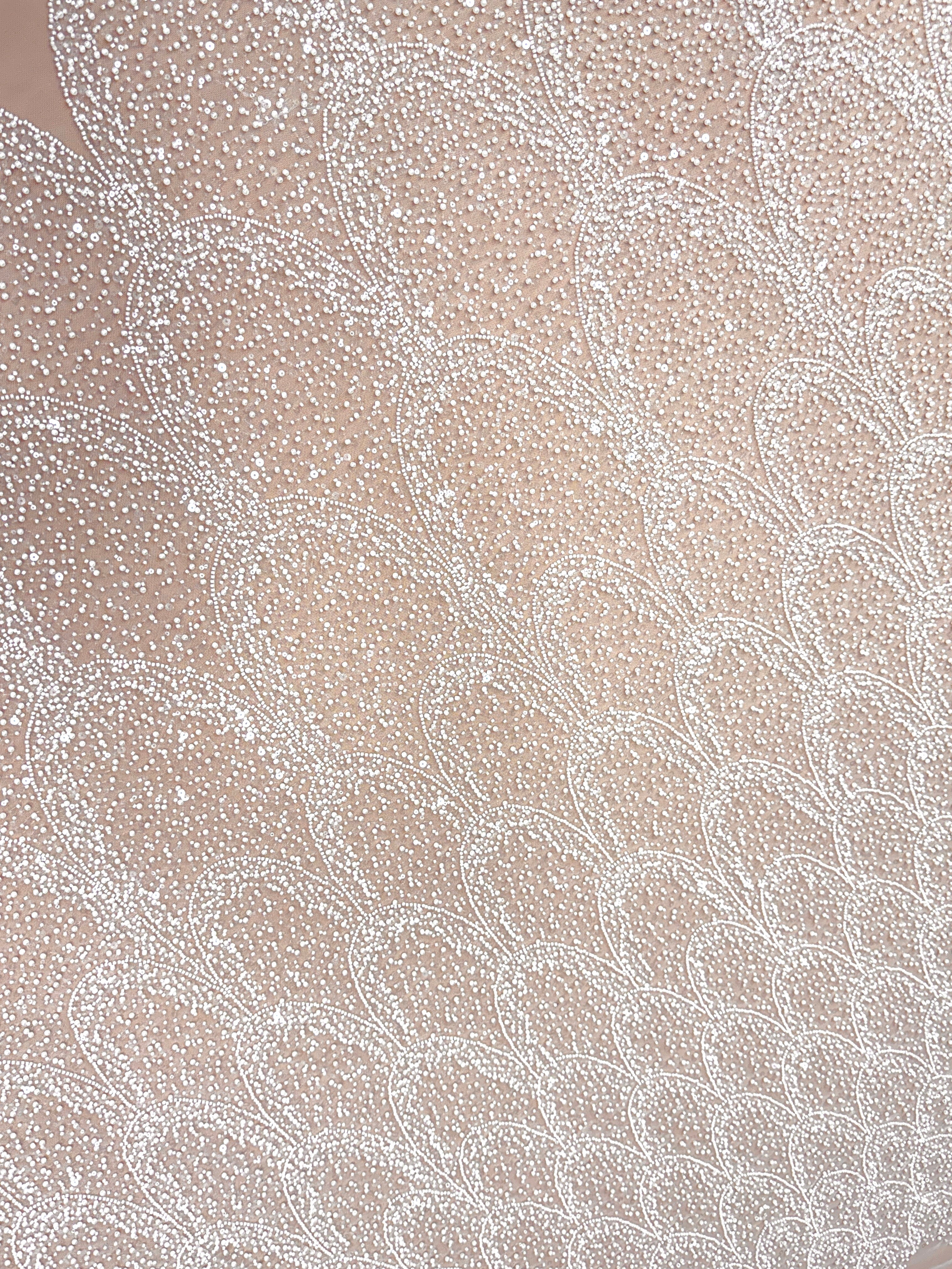 Ivory Lace with Geometric Pattern, with Pearls, Beads and Sequins