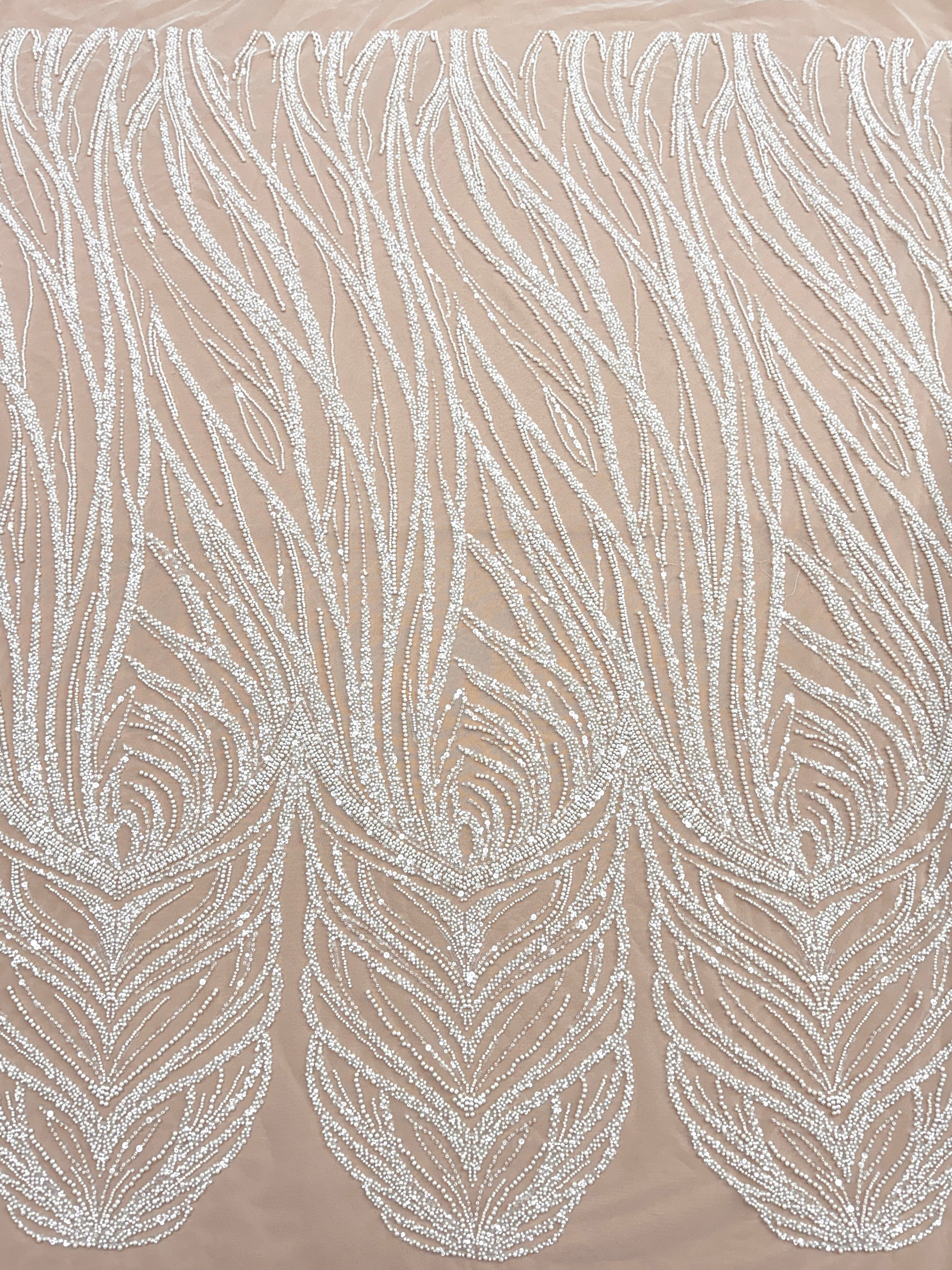 Dantela Ivory cu Model Geometric, cu Perle, Margele si Paiete