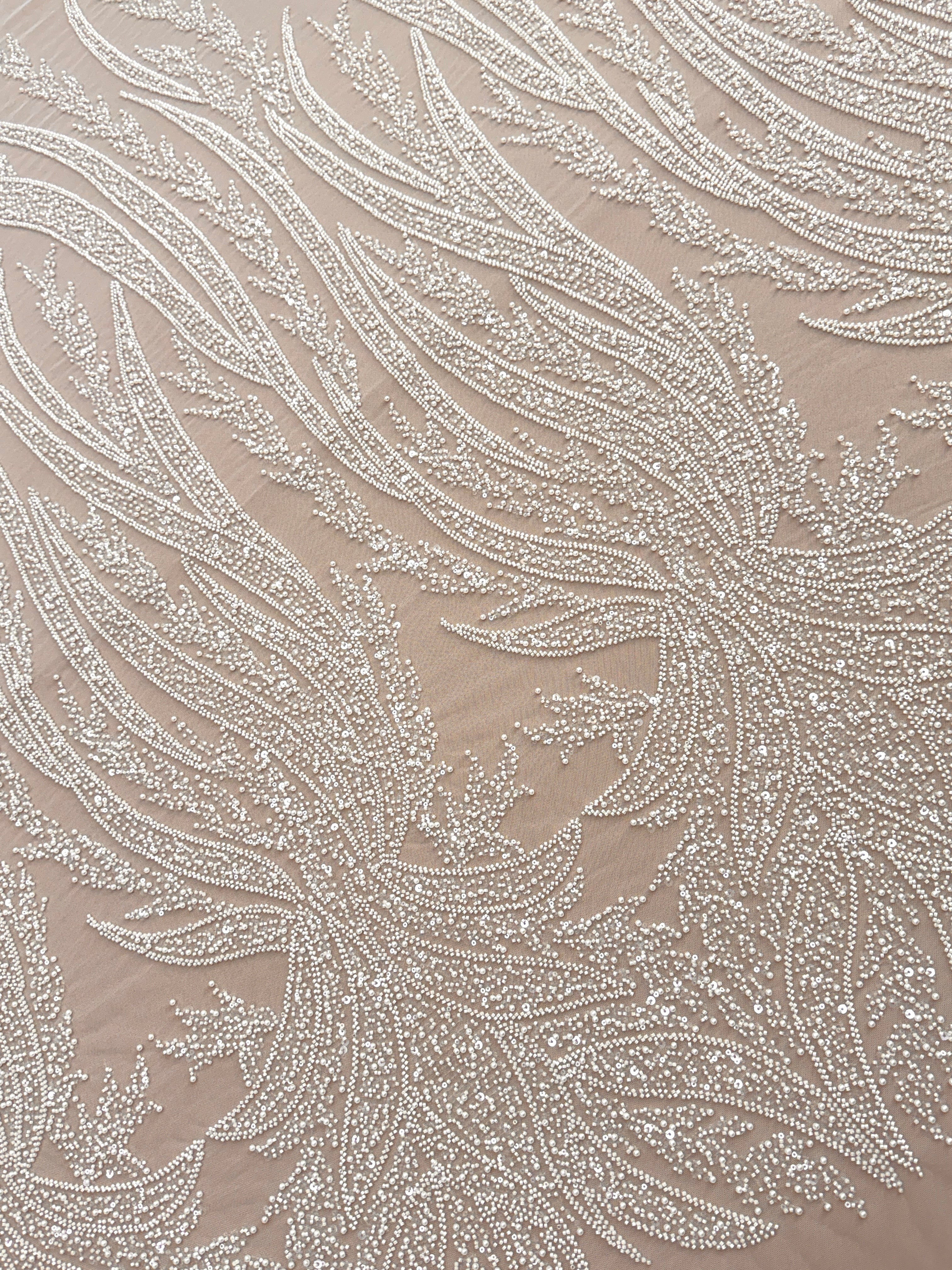 Dantela Couture Ivory cu Panou, cu Perle, Margele si Paiete