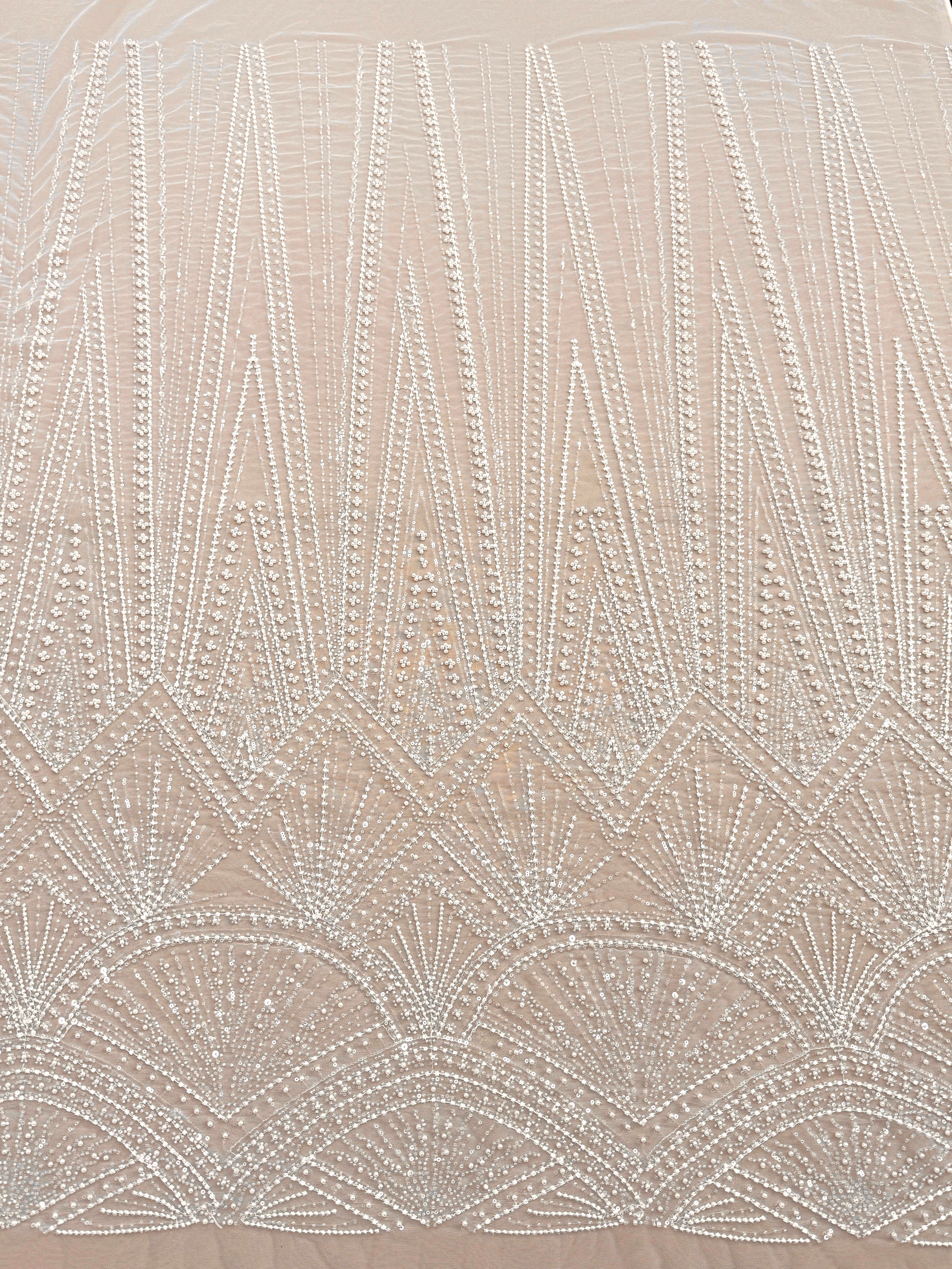 Dantela Couture Ivory cu Model Geometric, cu Perle, Margele si Paiete