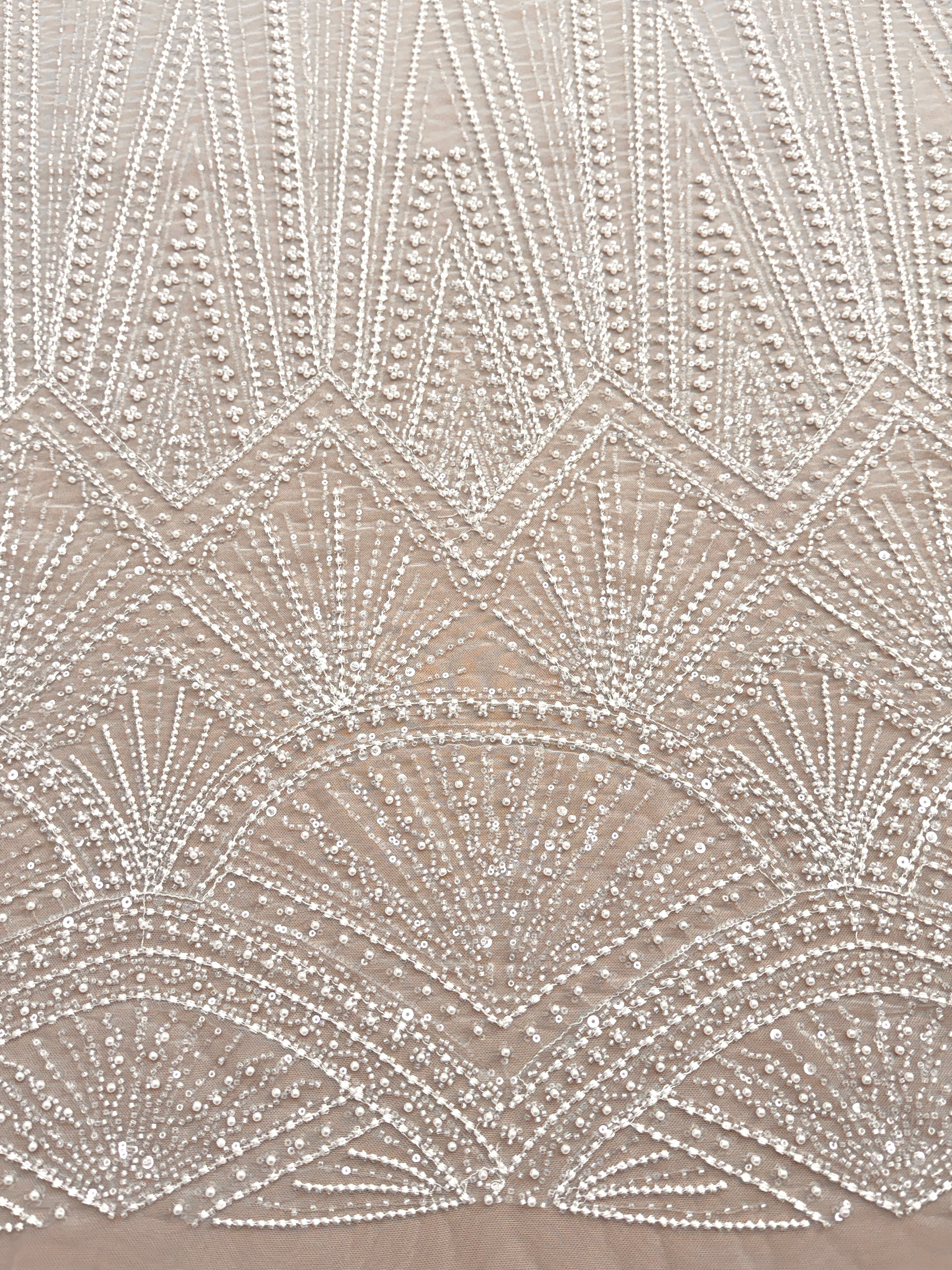 Dantela Couture Ivory cu Model Geometric, cu Perle, Margele si Paiete