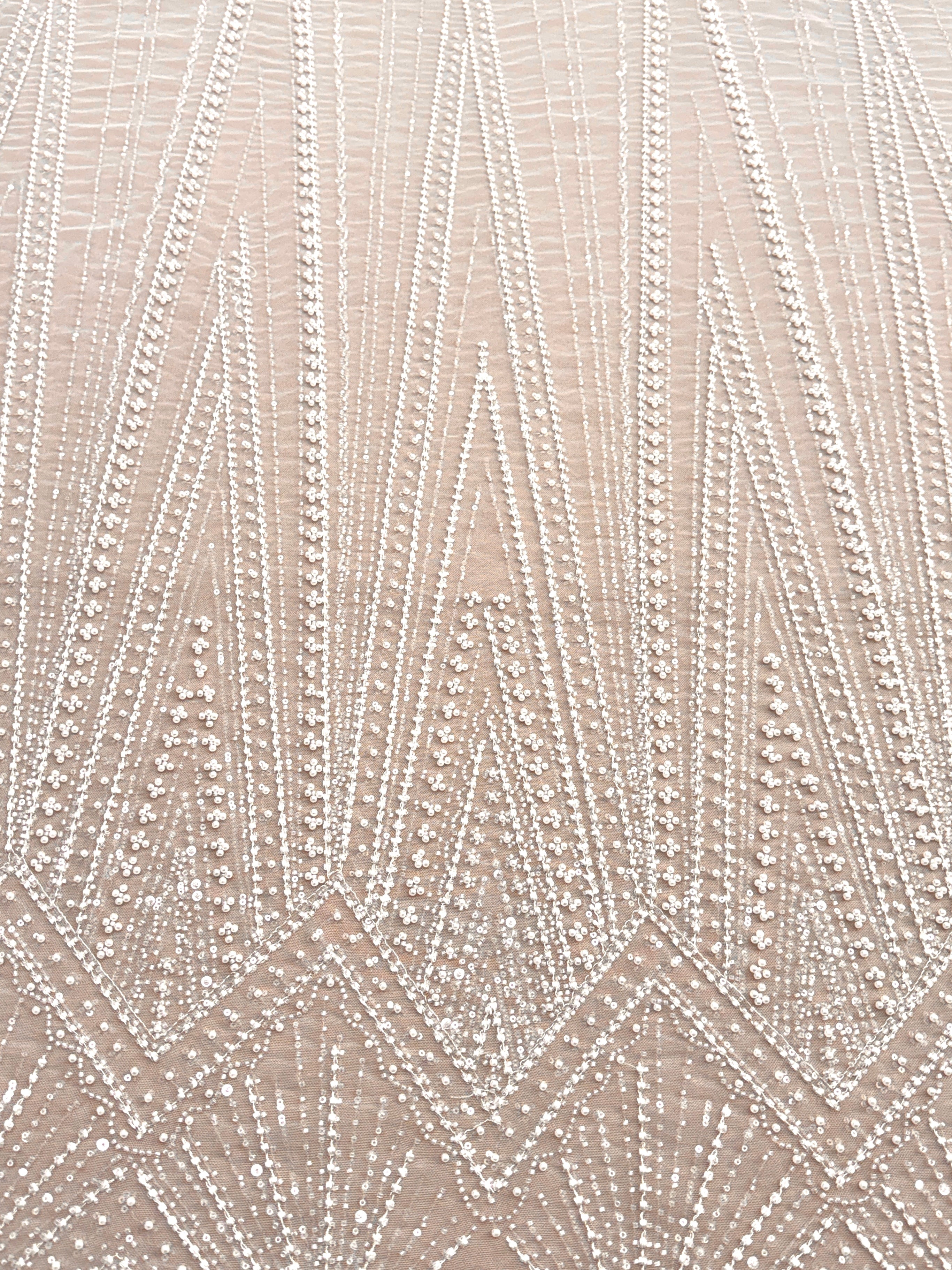 Dantela Couture Ivory cu Model Geometric, cu Perle, Margele si Paiete