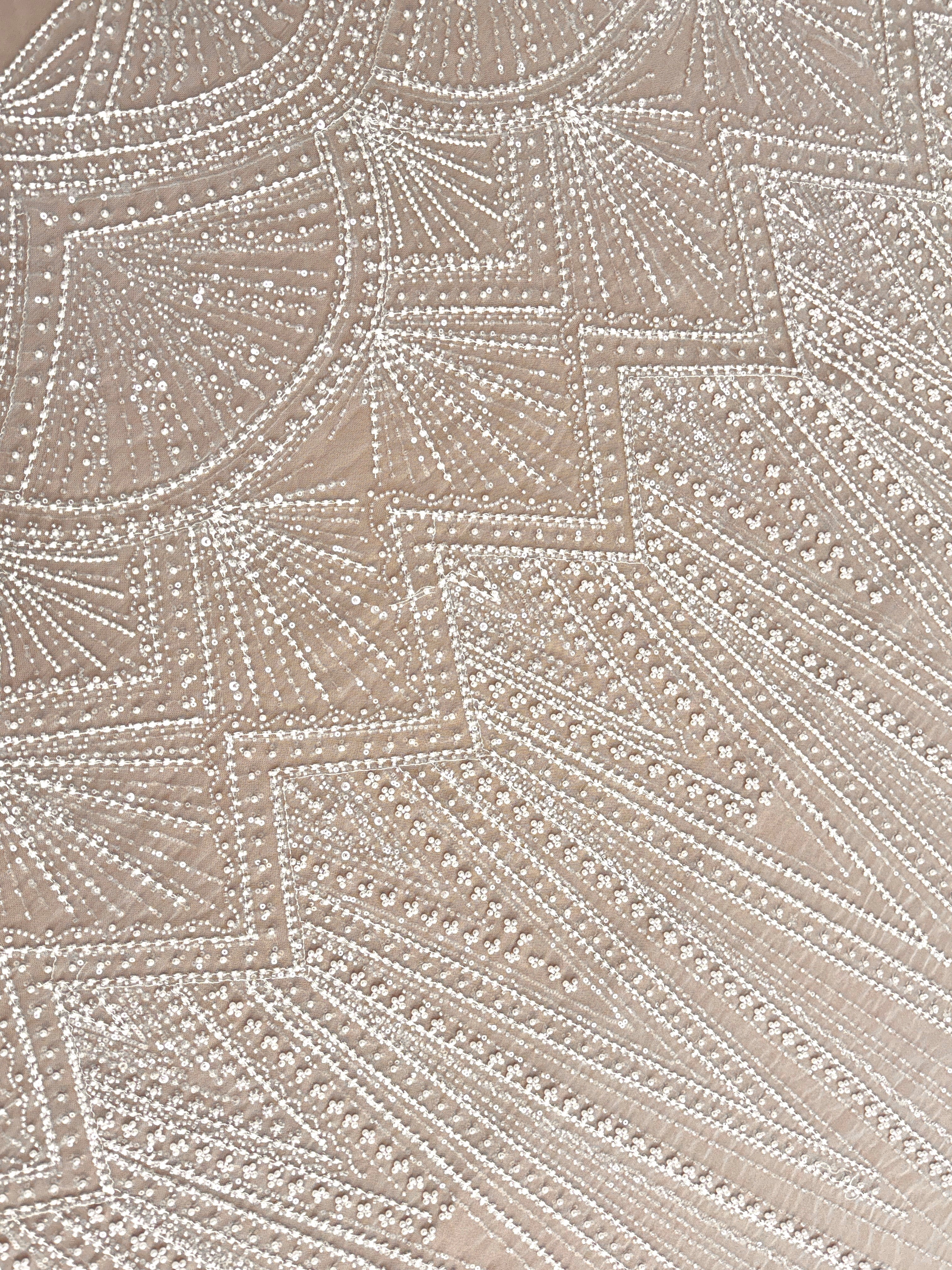 Dantela Couture Ivory cu Model Geometric, cu Perle, Margele si Paiete