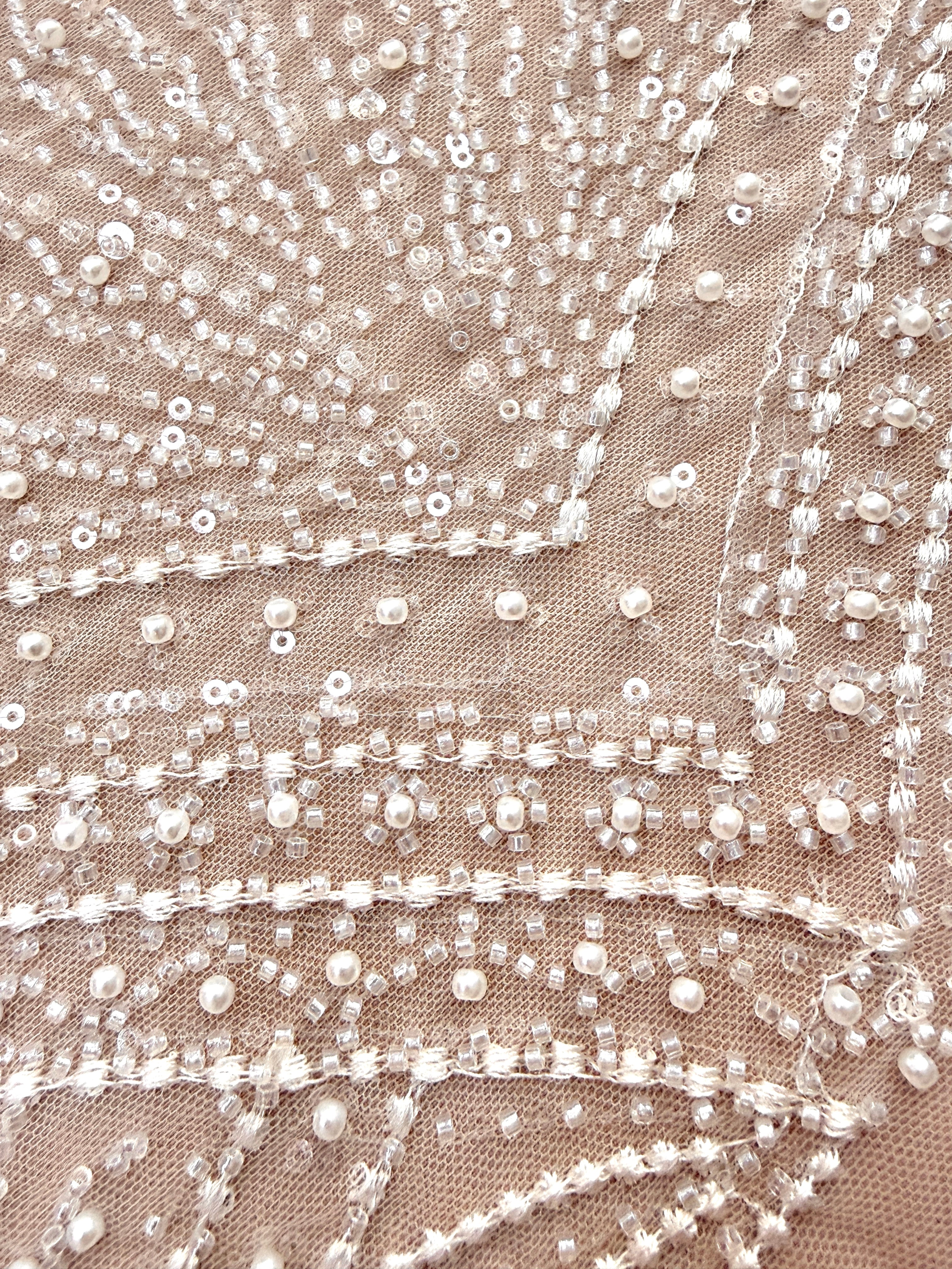Dantela Couture Ivory cu Model Geometric, cu Perle, Margele si Paiete