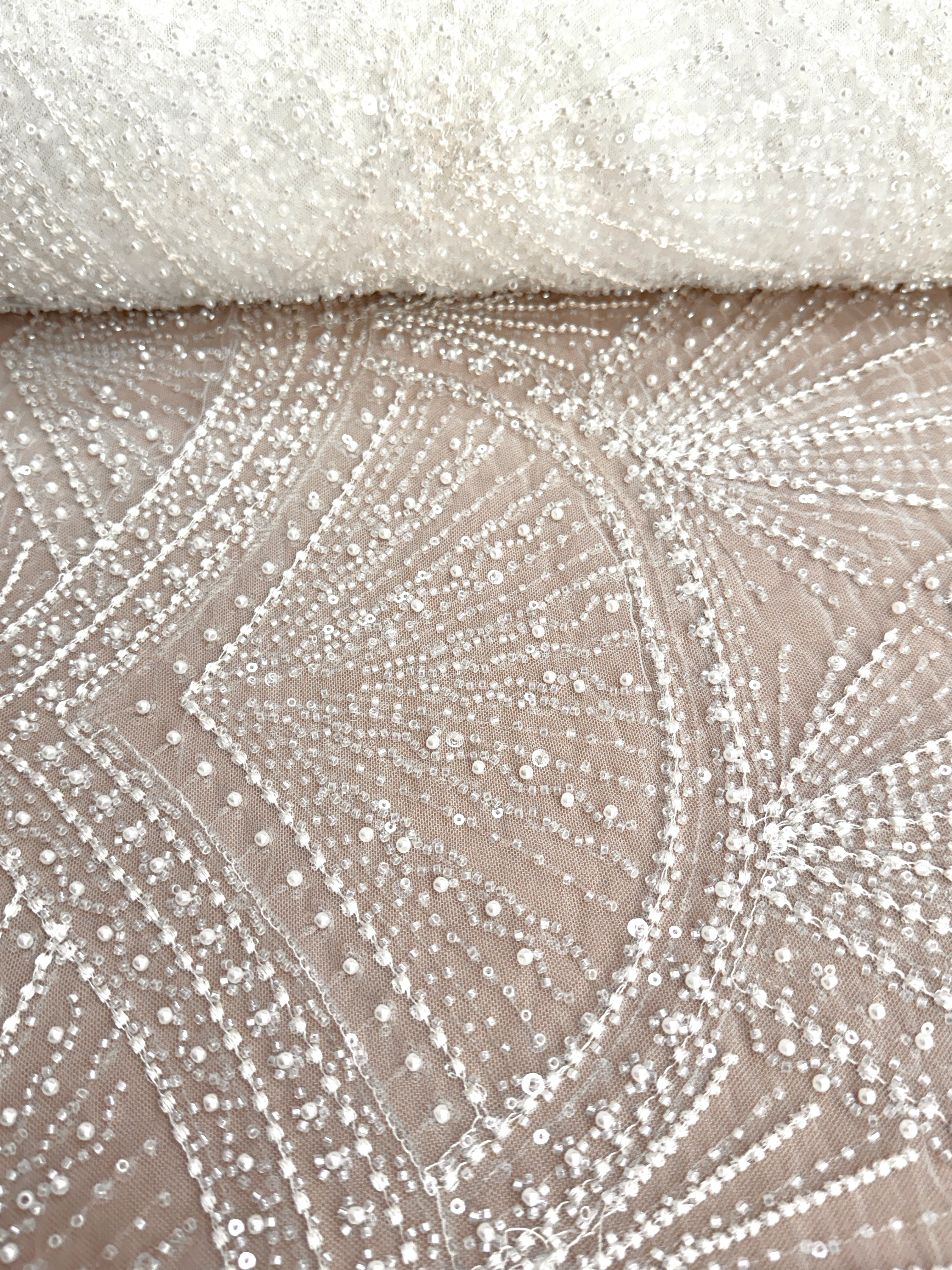 Dantela Couture Ivory cu Model Geometric, cu Perle, Margele si Paiete