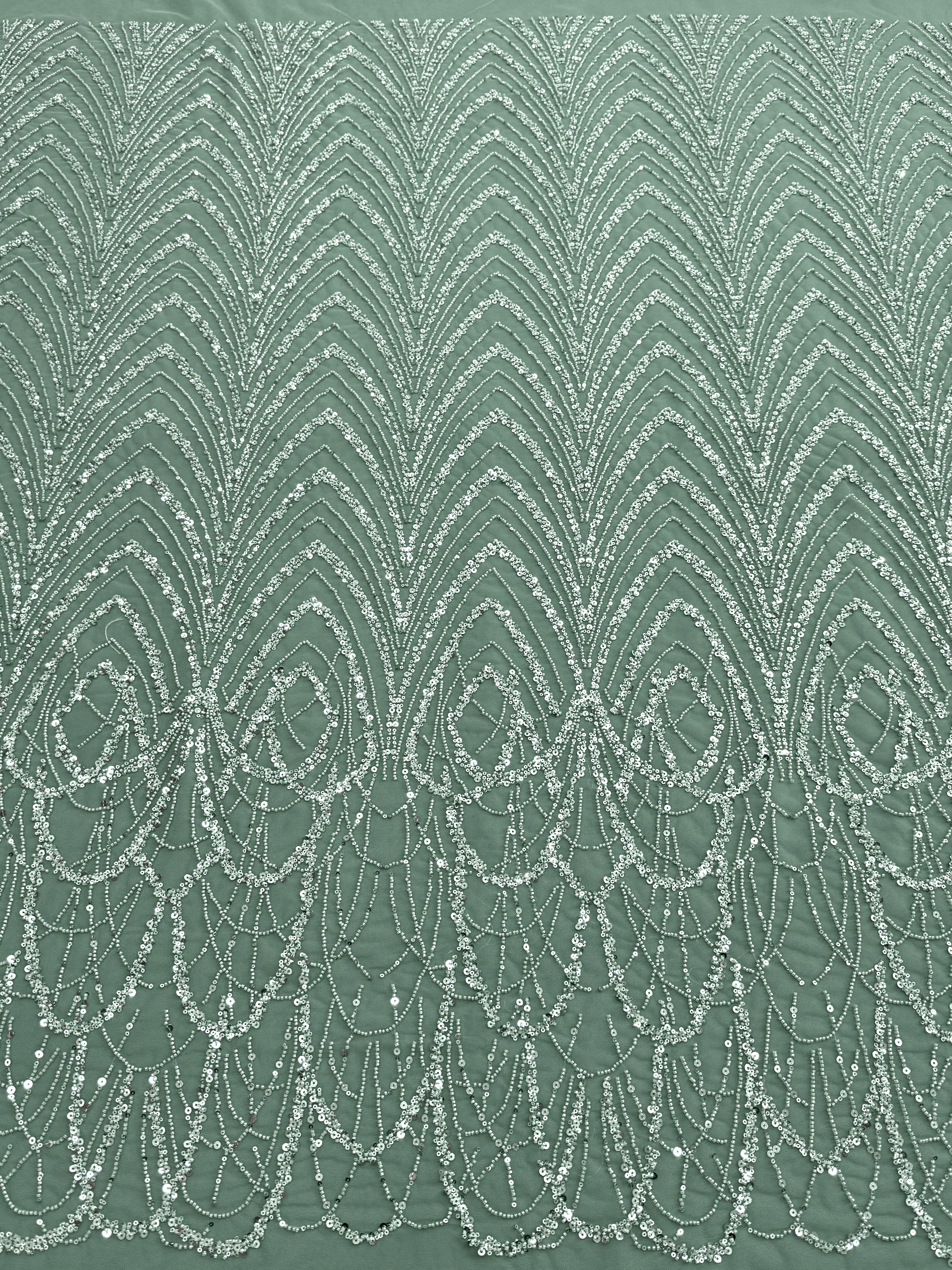 Dantela Couture Verde Prafuit cu Model Geometric cu Margele si Paiete