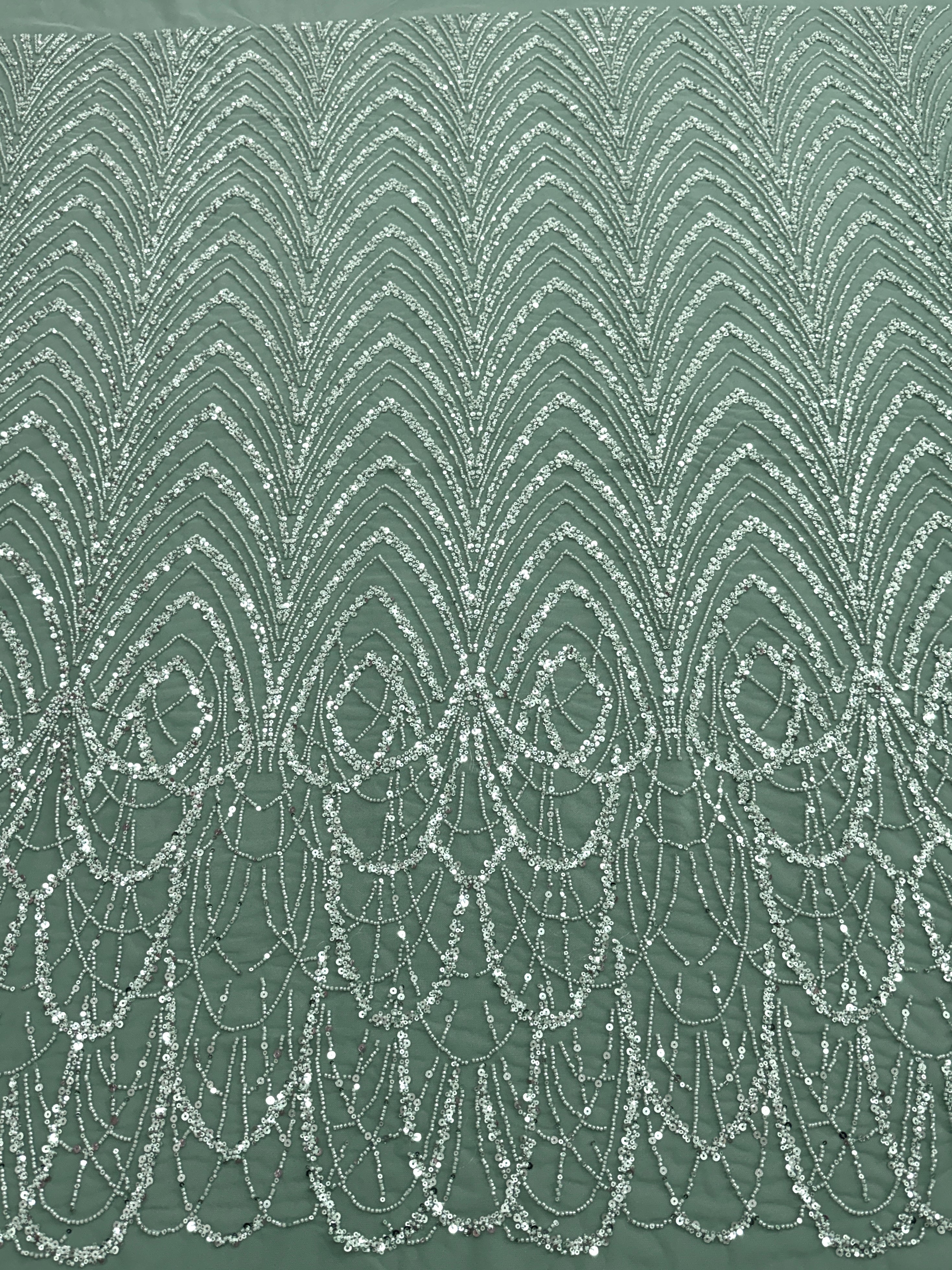 Dantela Couture Verde Prafuit cu Model Geometric cu Margele si Paiete