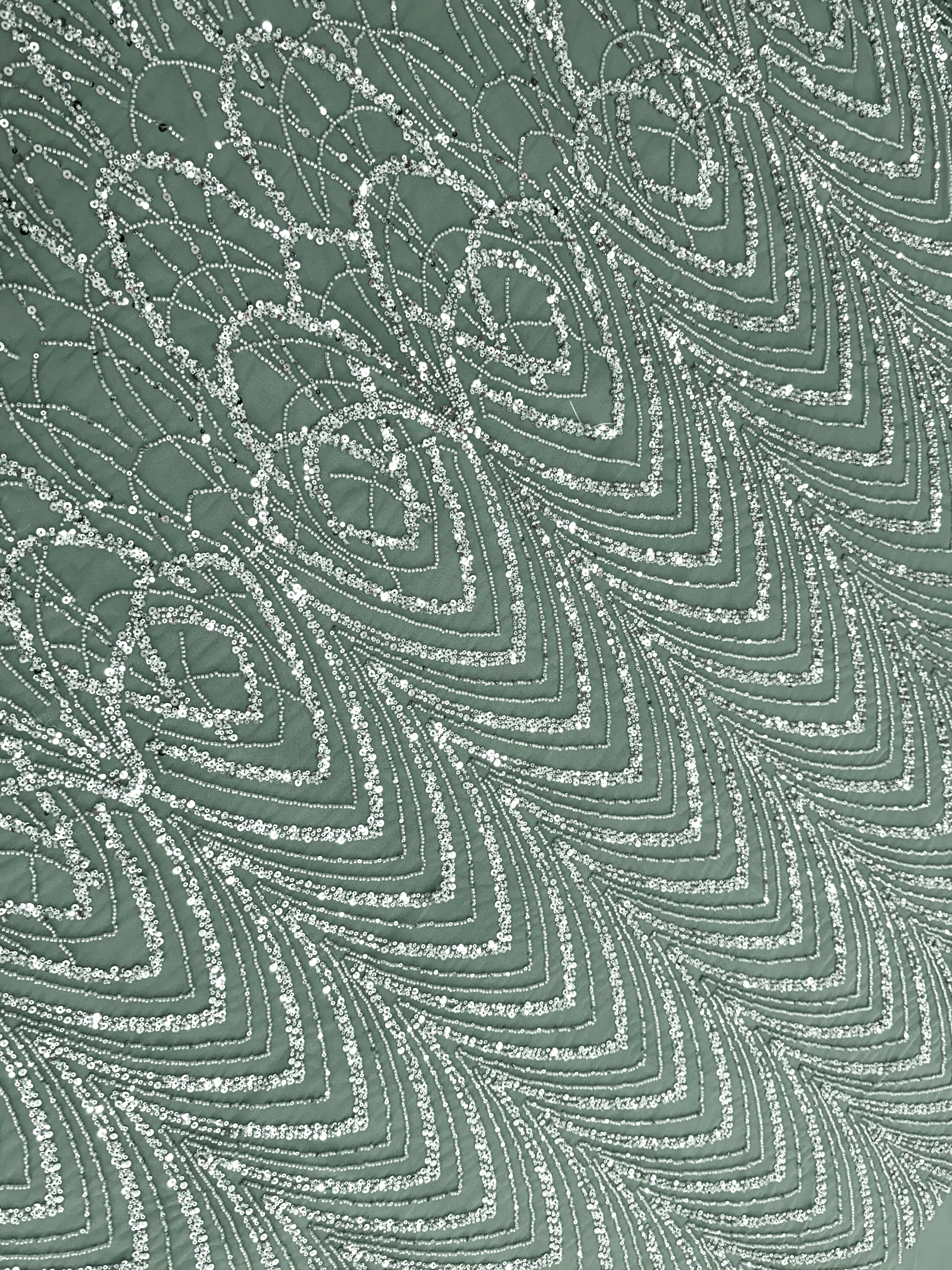 Dantela Couture Verde Prafuit cu Model Geometric cu Margele si Paiete