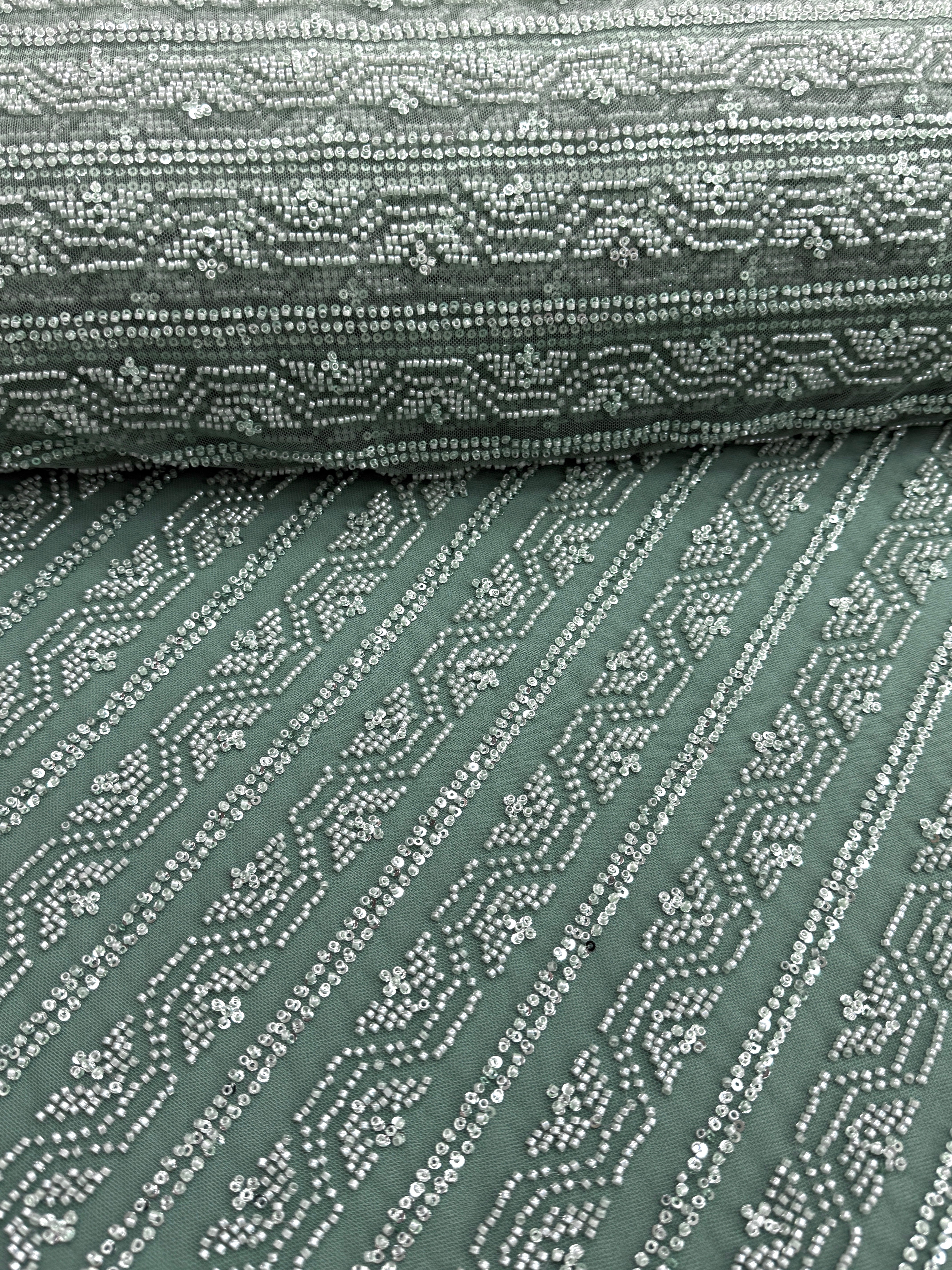 Dantela Couture Verde Prafuit cu Model Geometric, cu Margele