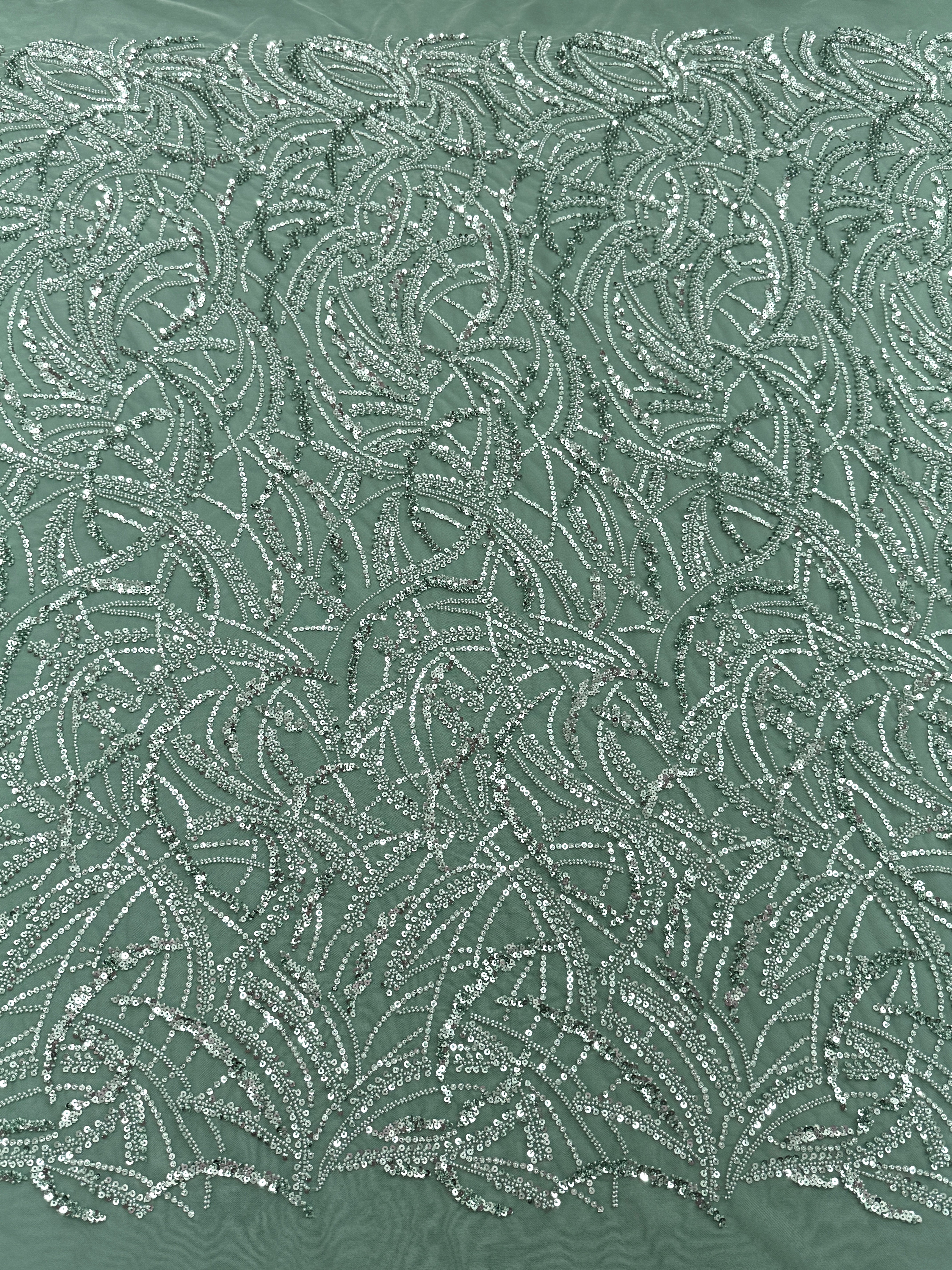 Dantela Couture Verde Prafuit cu Model Geometric, cu Margele si Paiete