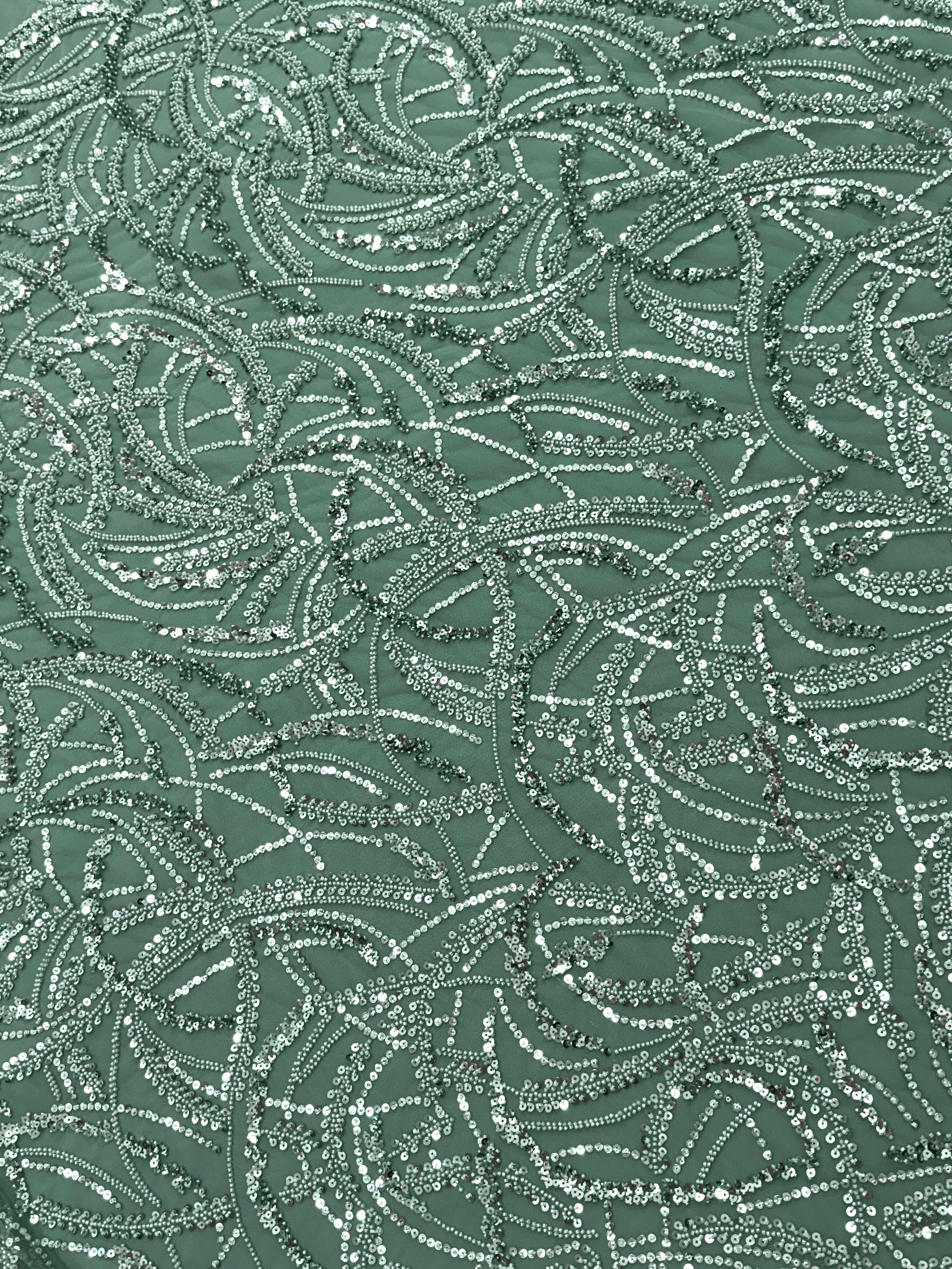 Dantela Couture Verde Prafuit cu Model Geometric, cu Margele si Paiete